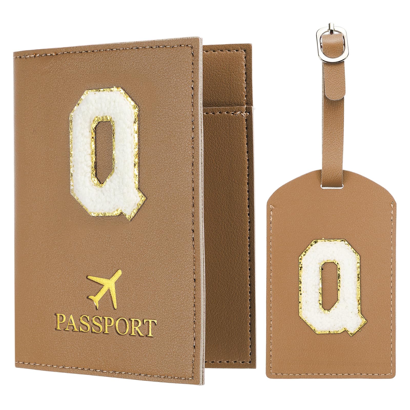 Passport Holder for Travel, Initial Passport Cover and Luggage Tag Set with Alphabet Chenille Letter Patch Travel Wallet Bag Suitcase Identifier for Women Family Travel Brown Q, Brown, Modern-image-46