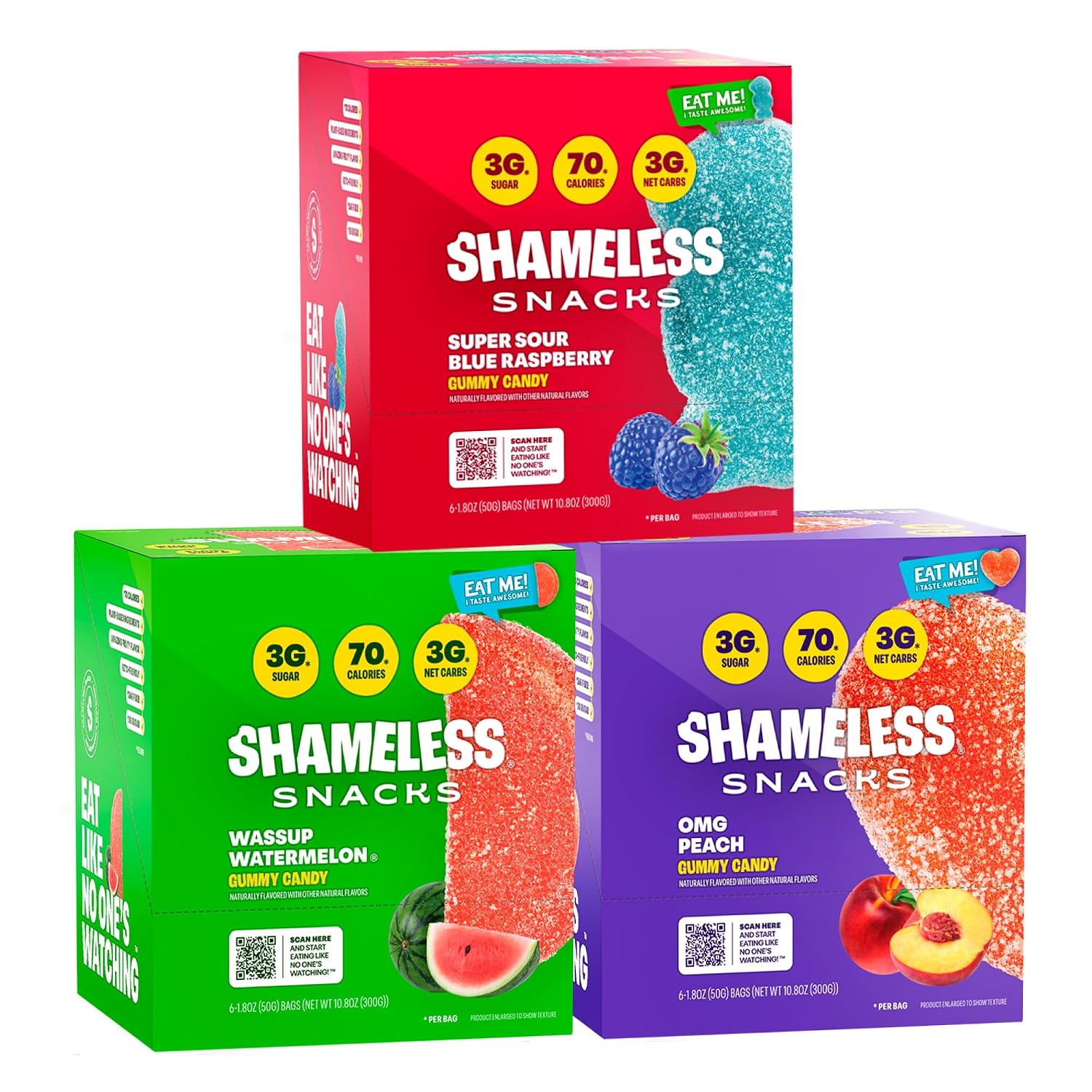 Shameless Low Carb Keto Gummy Bundle - Blue Raspberry, Watermelon and OMG Peach Gluten Free Candy