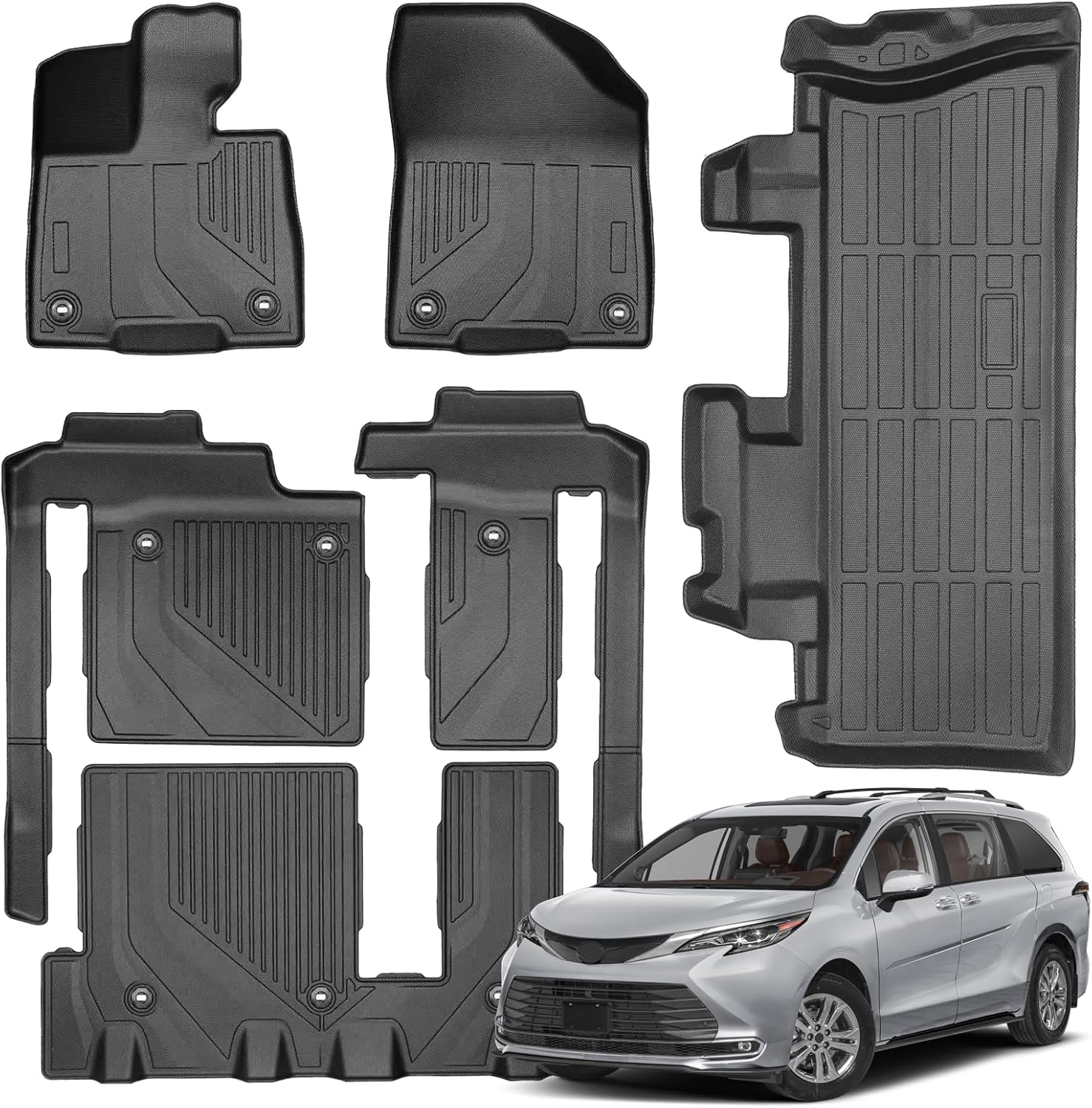Floor Mats & Cargo Liner for Toyota Sienna 2021-2025 LE/XLE(Only for 8 Seat) Full Set All Weather TPE Custom Fit Floor Liner for Sienna 8 Seat 1st, 2nd and 3rd Row and Trunk