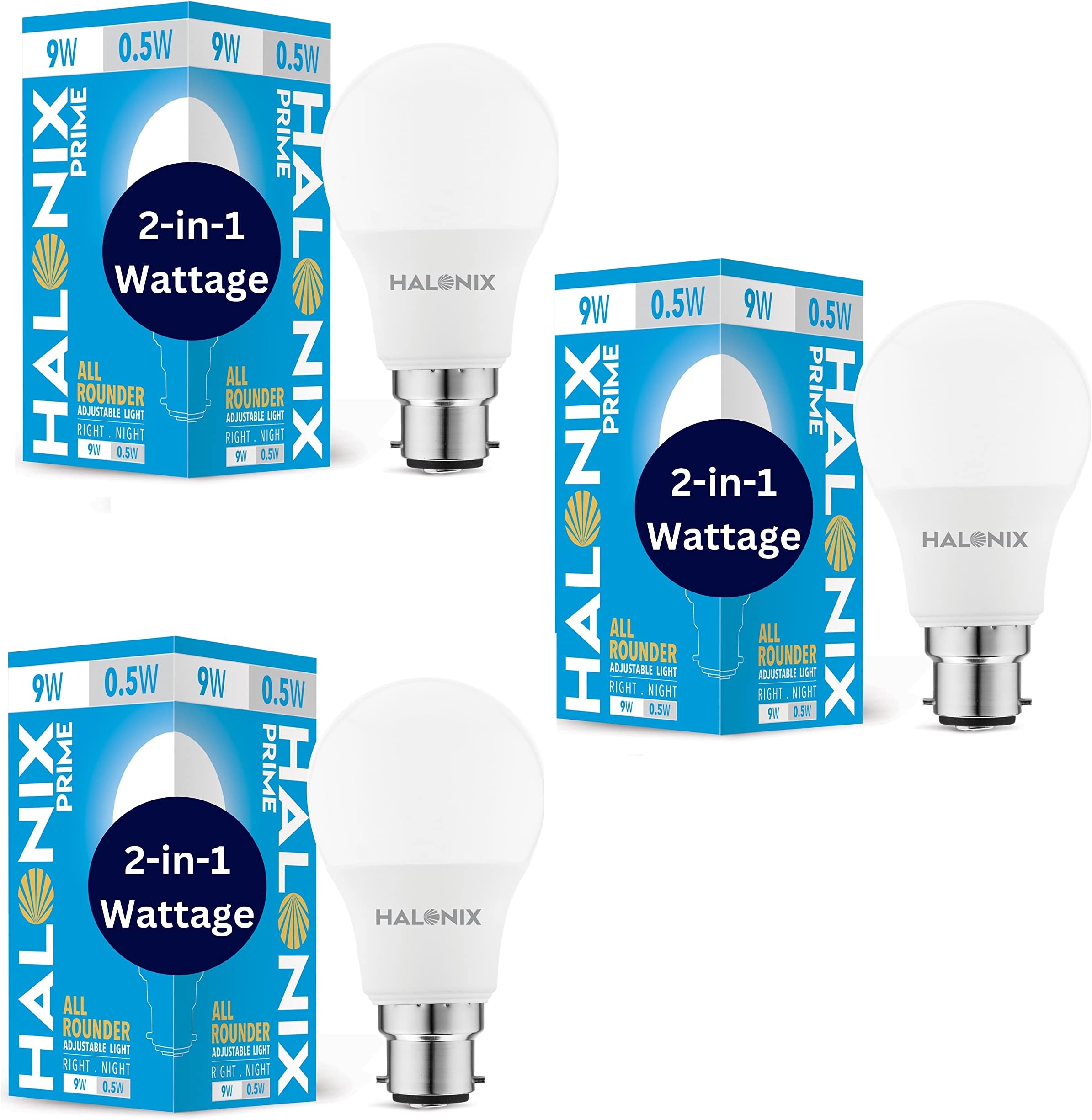 Halonix 2-in-1 Dimmable 9W,0.5W Multi Wattage Adjustable Light Led Bulb (Pack Of 3), All Rounder led bulb Base B22D