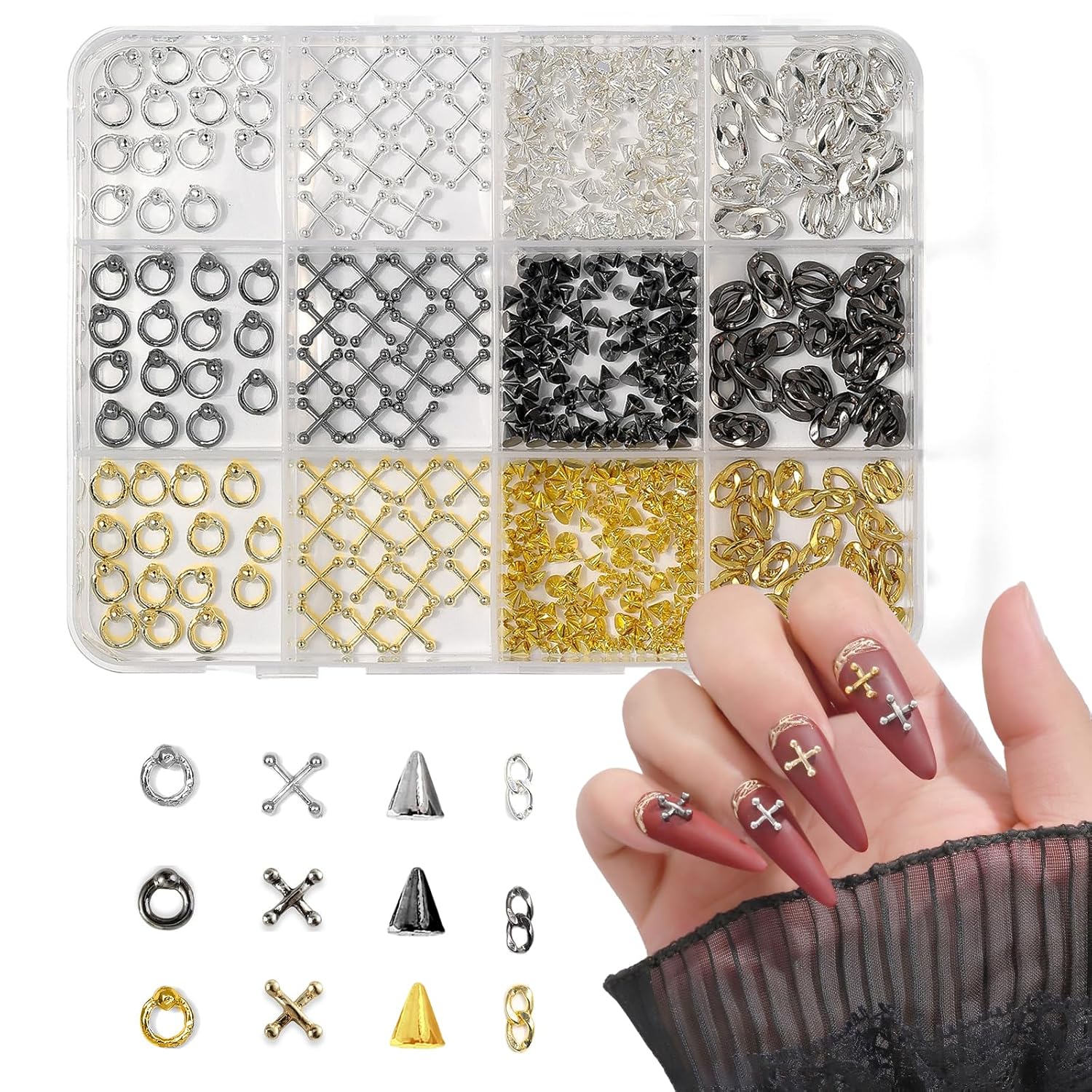WOKOTO 12 Grids Alloy Punk Nail Charms - Gold, Silver & Black, Cross Barbell, Ring, Spikes, Chain Nail Charms Studs Metal Nail Art Charms For Acrylic Nails Jewelry Gothic Nail Accessorie Decorations