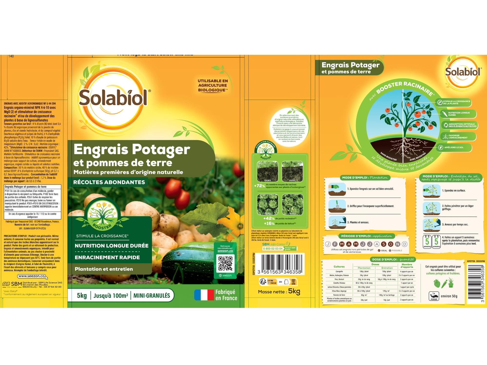 SOLABIOL Engrais Potager - 5Kg - Jusqu'à 100m² - Nutrition Longue Durée - Efficace Pour Tous Les Légumes - Bonifie Le Sol - Utilisable En Agriculture Biologique SOPOTY5B