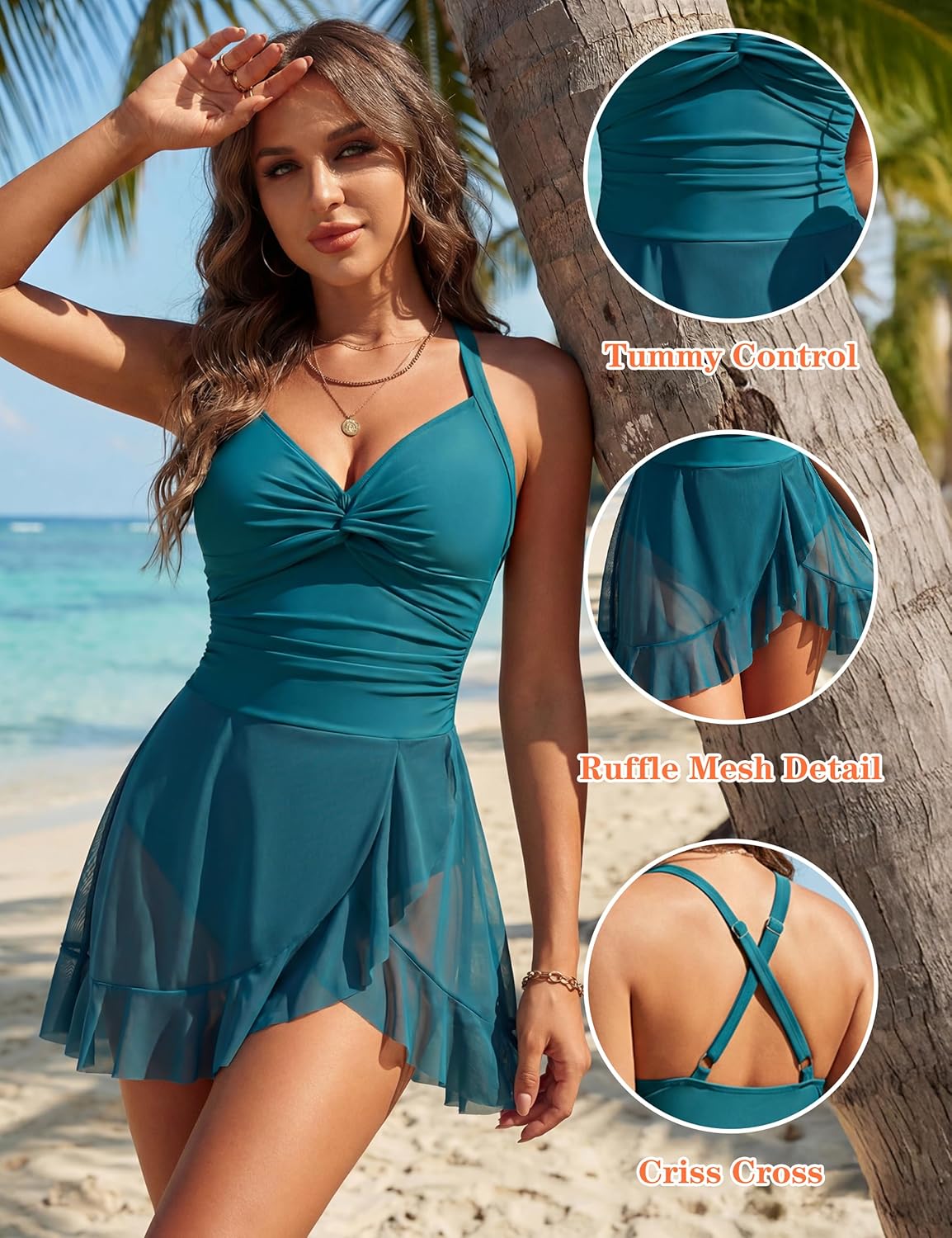 Blooming Jelly Womens Mesh One Piece Swimsuit Modest Tummy Control Bathing Suit Twist Front Swim Dress Swimwear 2026 - Image 4