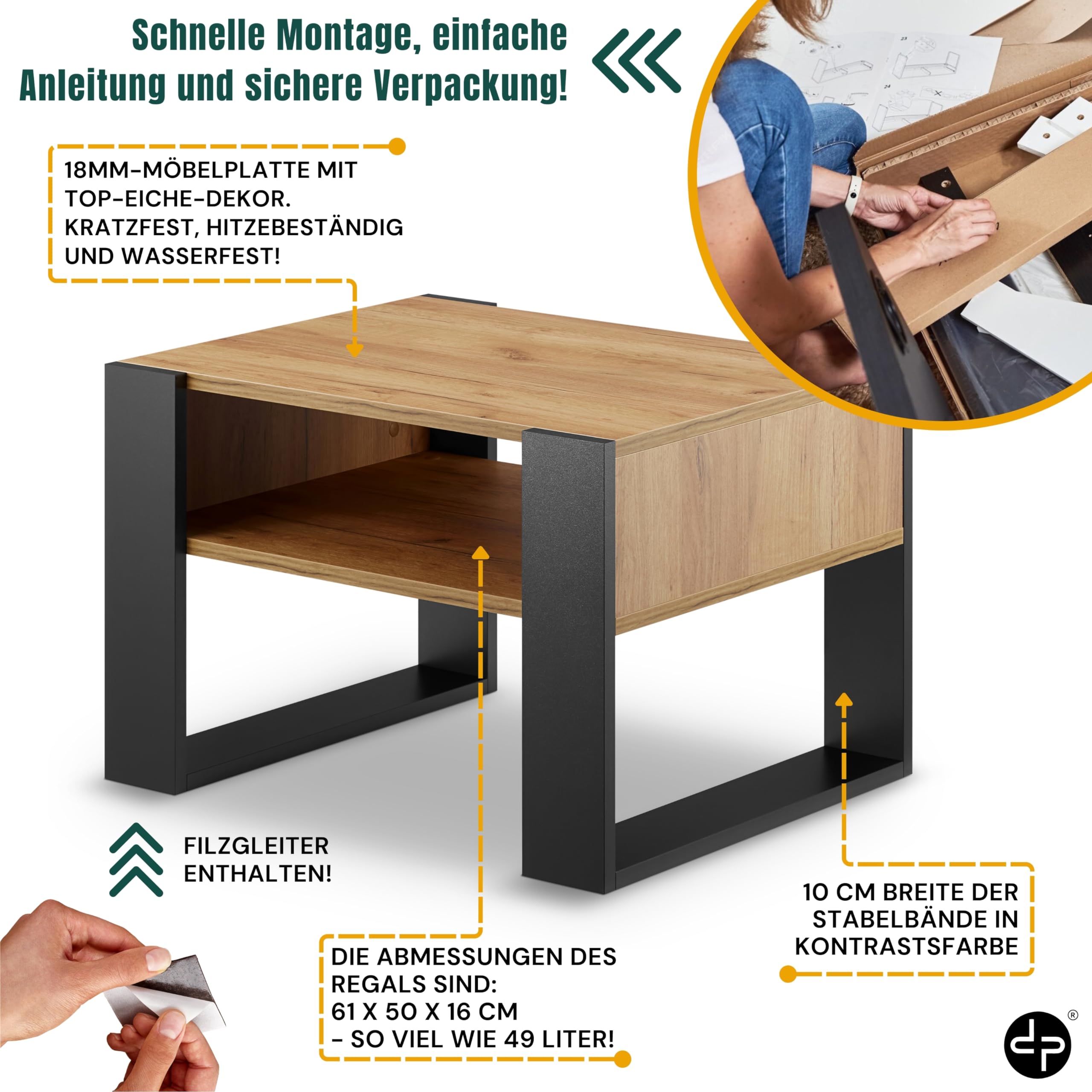 defiPad Wohnzimmertisch für Couch | Klein Couchtisch Schwarz Eiche mit Stauraum | Modern Tisch Wohnzimmer | Coffee Table | Kleiner Tisch | 65CM Breite Kaffeetisch | Stabil Stubentisch