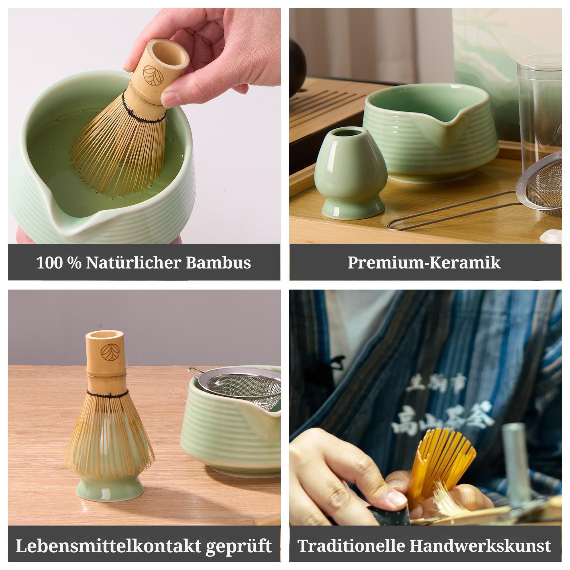 Zestaw matcha – miętowa zieleń – 8-częściowy zestaw do herbaty matcha – miotła, miska, łyżka, miarka, sitko, uchwyt i akcesoria – zestaw premium matcha dla miłośników matchy