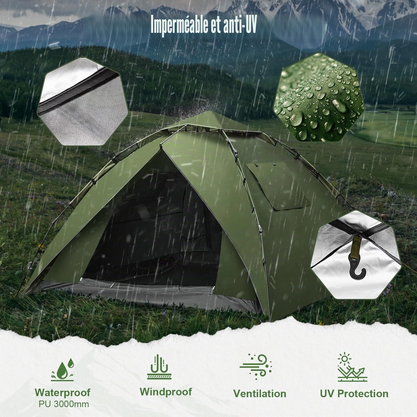 Tente de Camping Automatique 4 Personnes Pop up Famille Tente 230 * 230 * 150CM, Protection UV, 4 Saisons 2 en 1 Double Couches étanche pour Le Camping Randonnée
