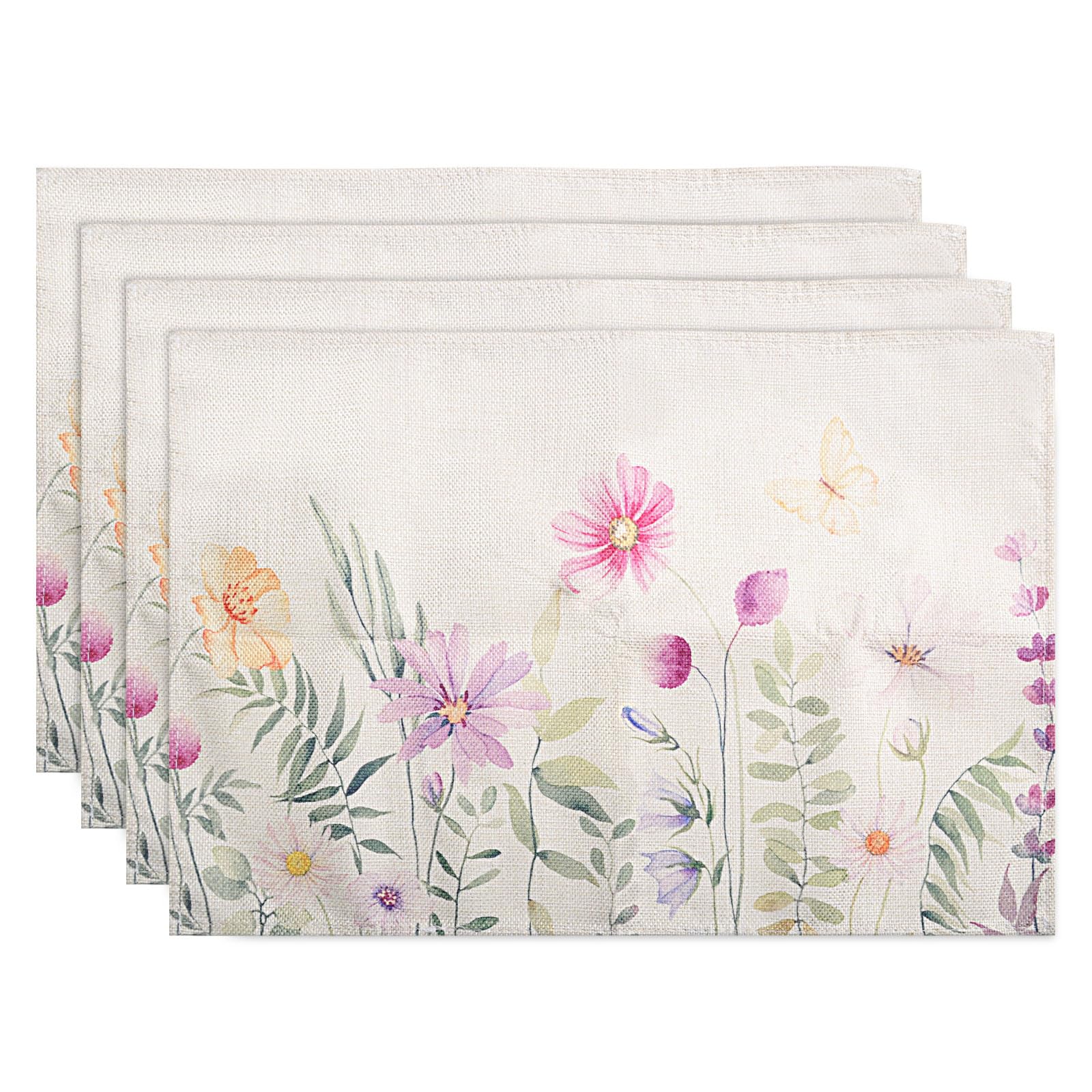 Juego de 4 manteles individuales, tela de algodón, flores y mariposas, manteles individuales decorativos para verano, mantel individual lavable, cocina, comedor, camping, fiesta, decoración, 30 x 45