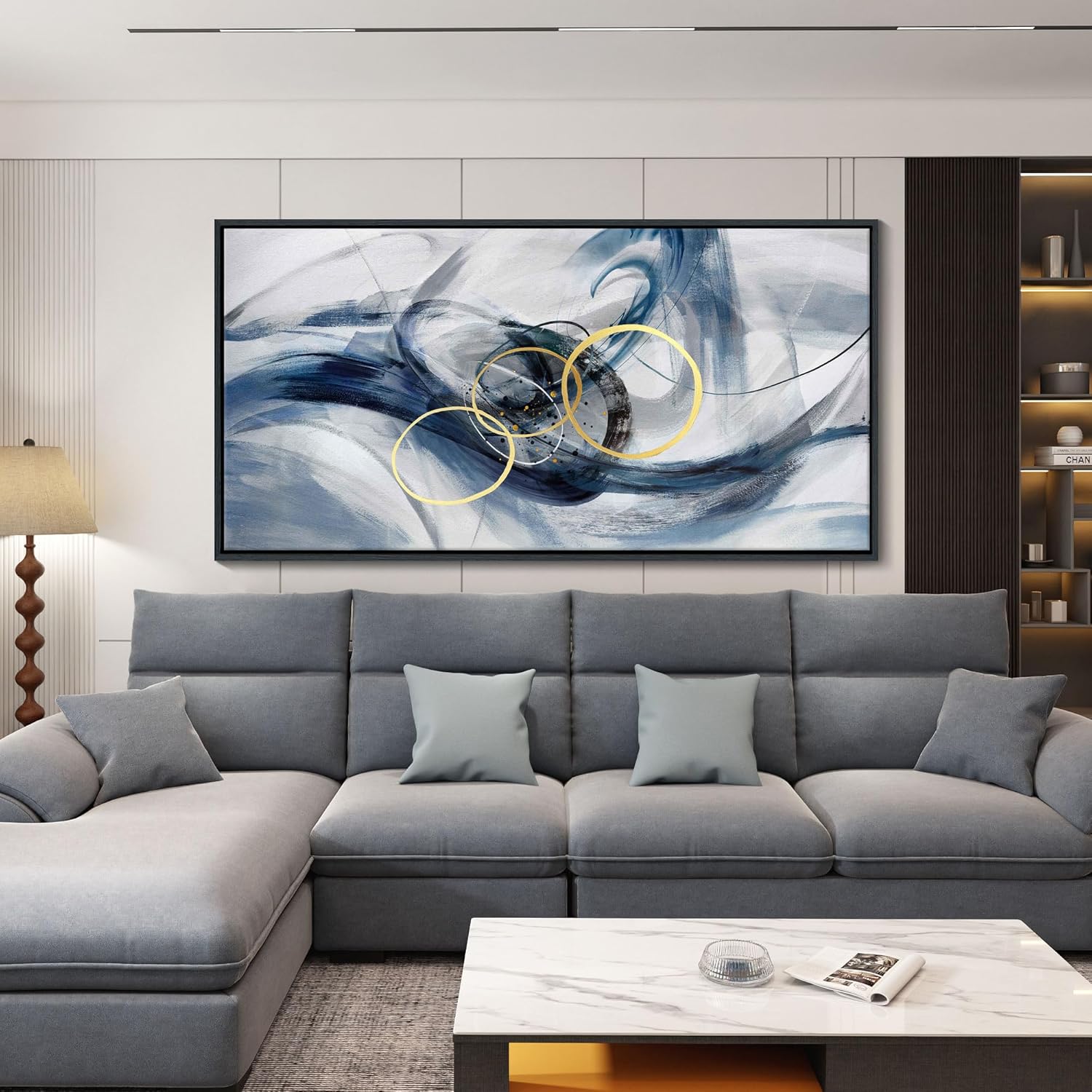 Abstract Canvas Wall Art Bedroom - Large Framed Paintings Pictures for Living Room Abstract Gray Blue Neutral Gradient Home Office Bathroom Kitchen Wall Decor 29x58 In