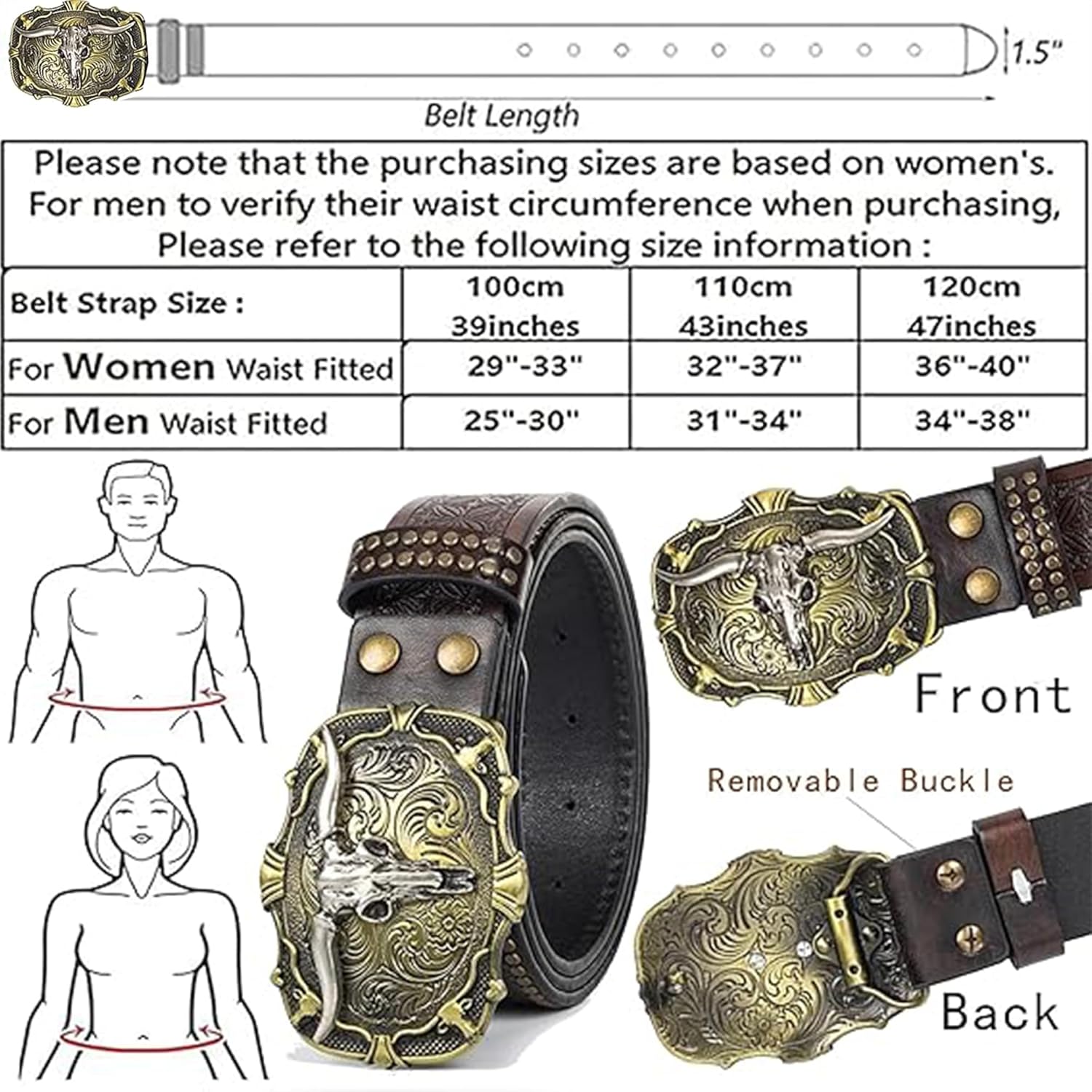 IZUS Men's Retro Western Cowboy PU Leather Belt Longhorn Buckle Decoration Floral Engraved for Jeans - Image 6