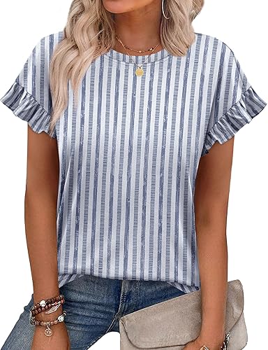 OFEEFAN Womens Tops 2026 Casual Round Neck Ruffle Cap Sleeve