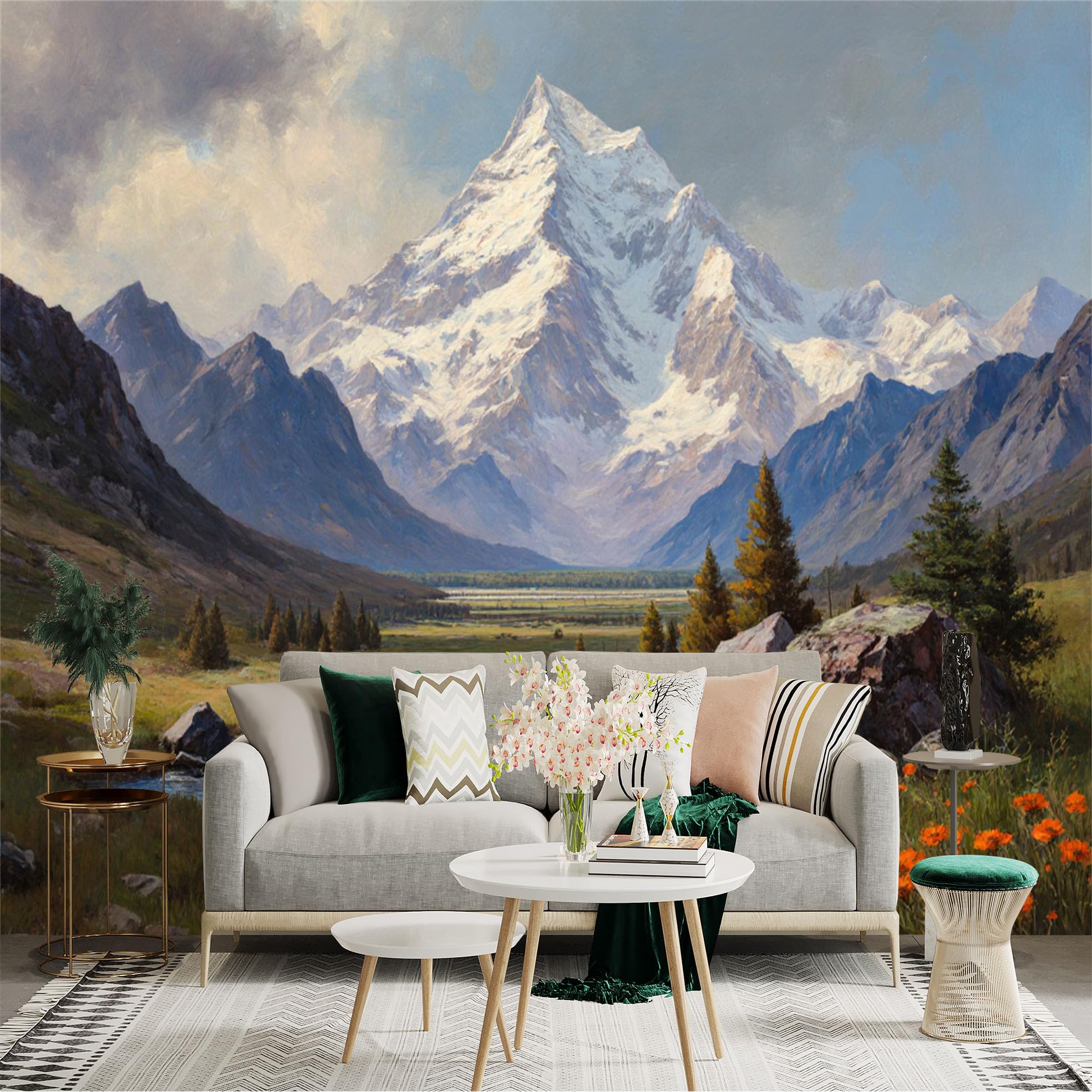 Lnzczhyre Xc260505605 Custom Size Wall Sticker Mural， Snow Capped Peak， Majestic Mountain Valley， Winding River Stream， Wildflower Field， For Wall Decoration， Peelandstick Wall Decals.