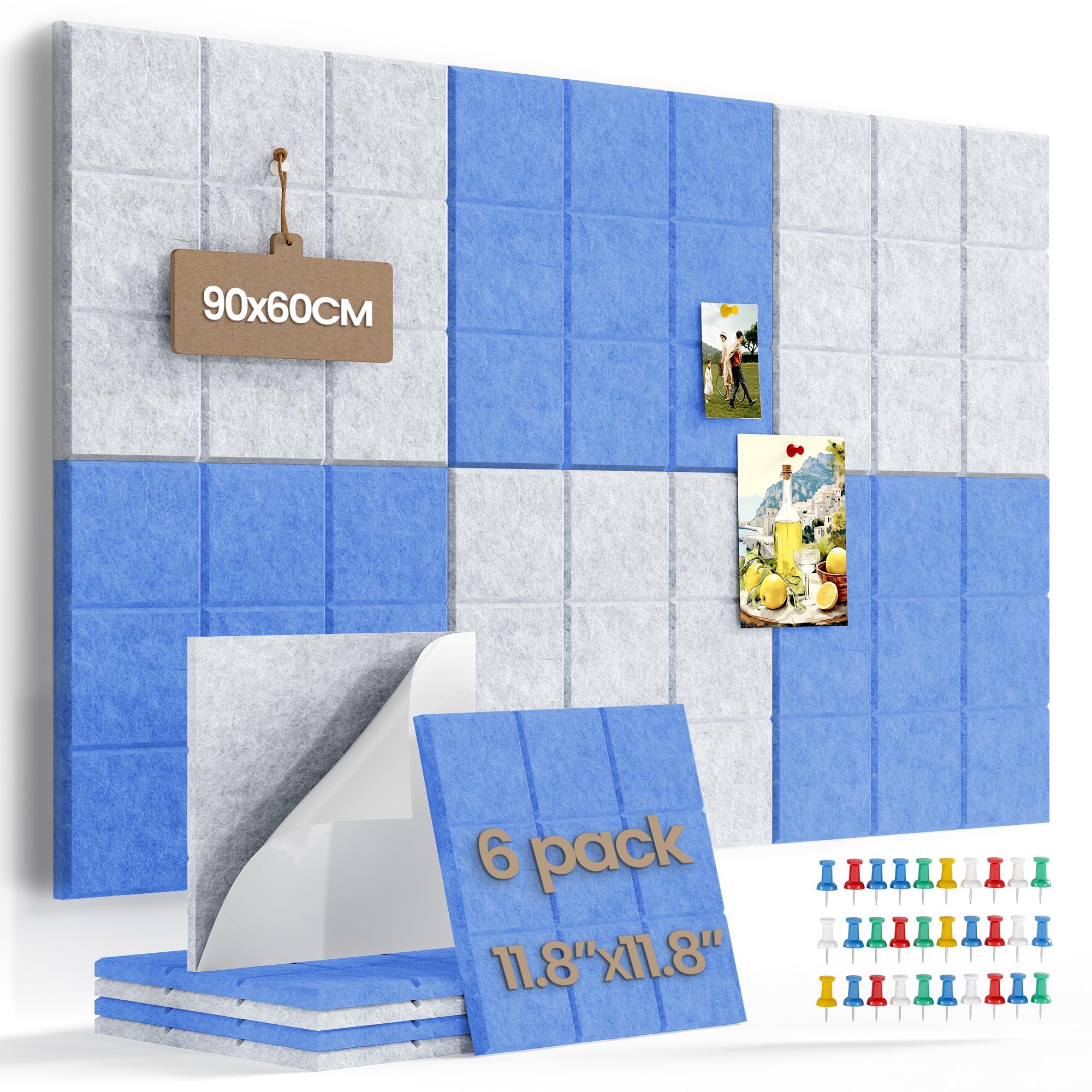 Uoisaiko 90 x 60cm Large Felt Pin Board for Walls, 6 Pack DIY Bulletin Board Tiles, 0.9cm Thick Cork Board Alternative with 30 Push Pins, Acoustic Vision Board for Office, School & Home Decor, Blue — image 1