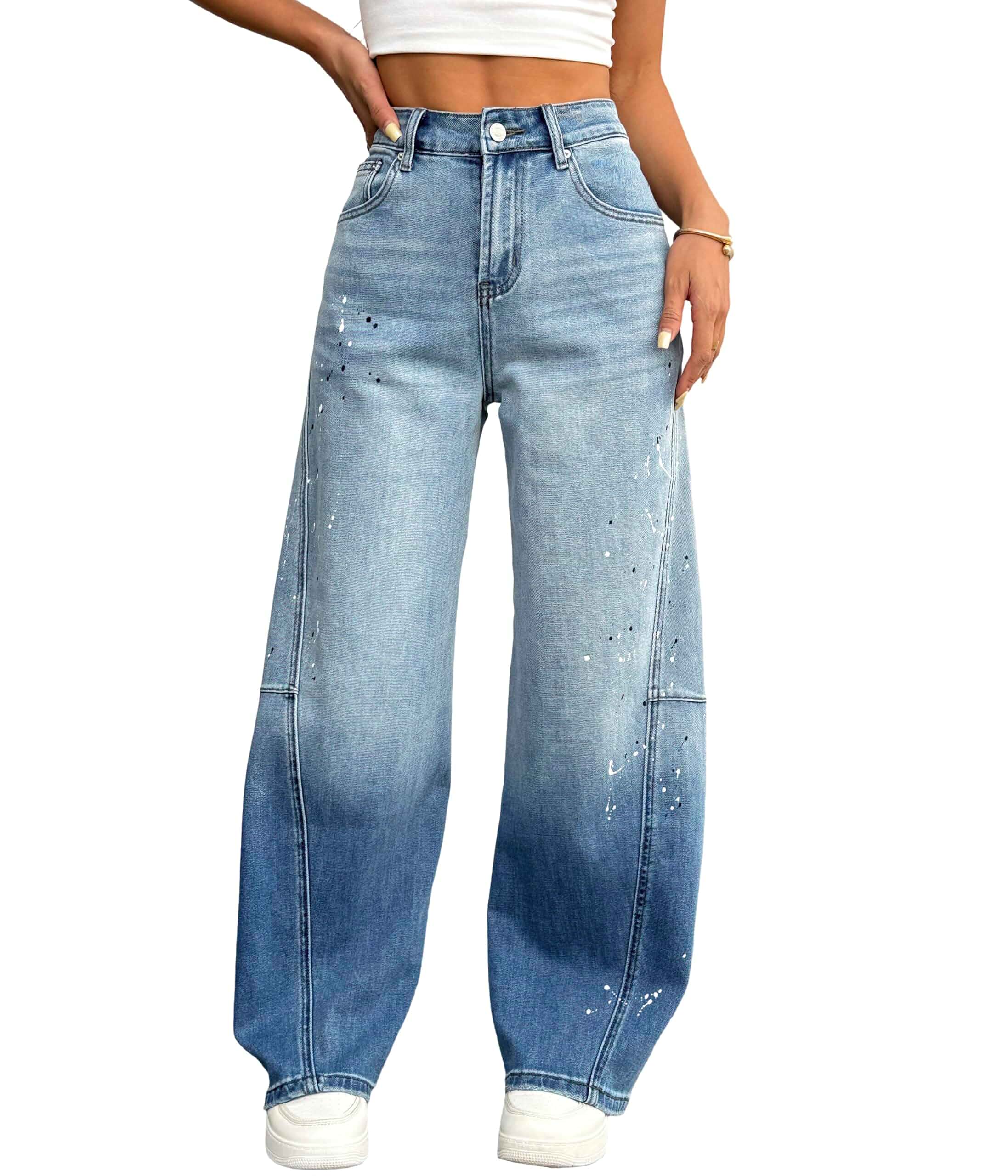 heipeiwa Women's Mid Rise Wide Leg Jeans Paint Splatter Print Denim Pants Panel Seam Loose Baggy Barrel Bowed Leg Twisted Denim Trousers Light Wash Y2K Vintage Casual Streetwear Daily Party