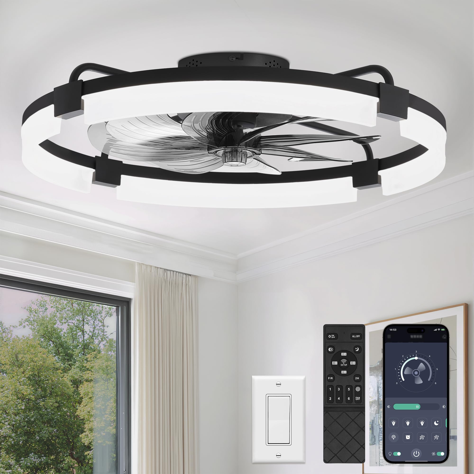LEDIARY 24 Ceiling Fans with Lights and Remote Modern Low Profile Ceiling Fan 3 CCT Stepless Dimmable Fandelier