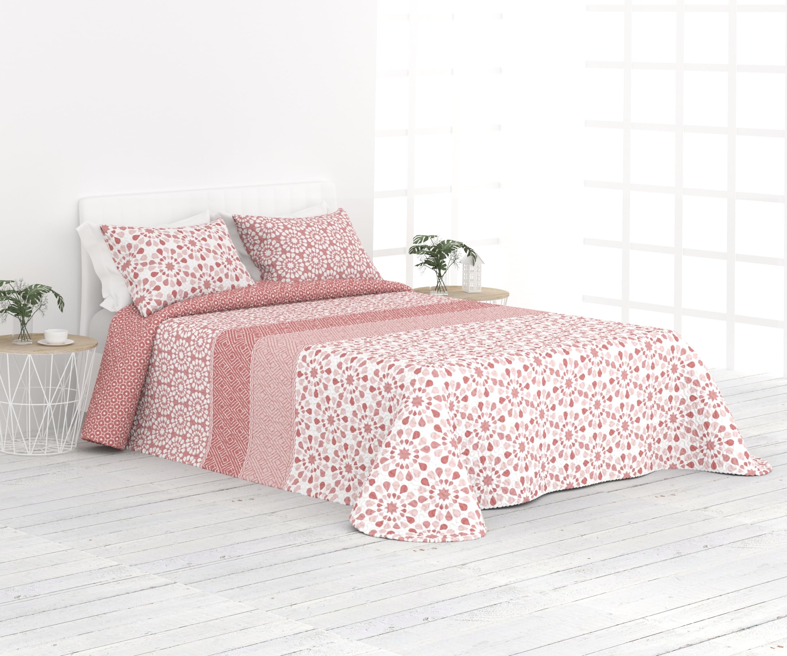 Colcha Fina Reversible de Verano y Primavera. Colcha con Funda DE COJÍN. Cubrecama Elegante de Microfibra Extra Suave. (Circulitos - Coral - Cama 90 cm)