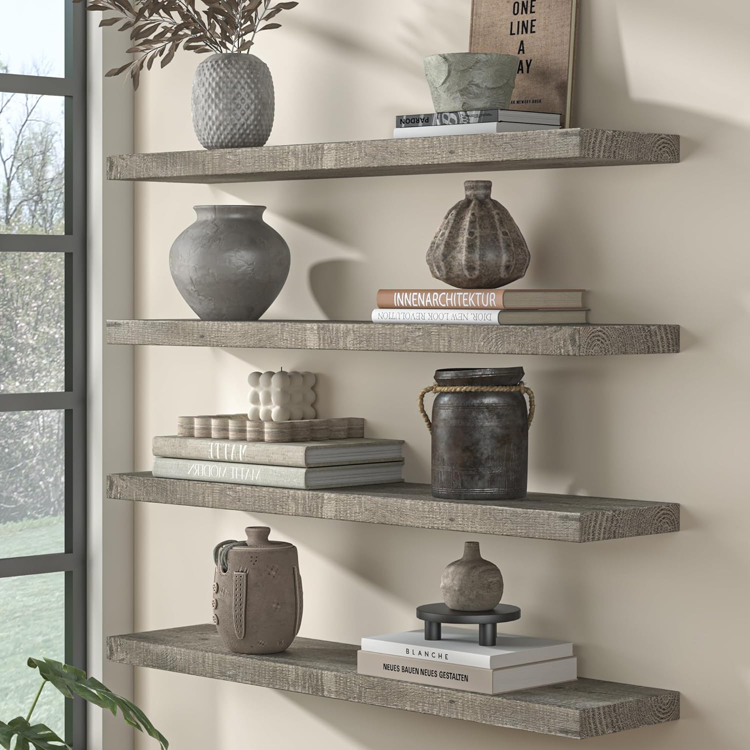 Fun Memories Floating Shelves for Wall Decor, 48"x8" Rustic Reclaimed Wood Shelves, Heavy-Duty Wall Mounted Shelves with Invisible Brackets for Living Room, Bedroom, Kitchen, Grey Finish, Set of 2 Reclaimed Wood, Grey Flat Edge, 48"L, 2Packs