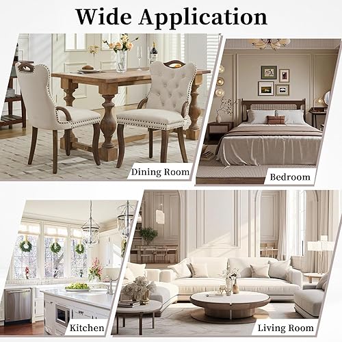 Miniatura 7 de Sillas de Comedor Juego de 2 sillas de comedor de terciopelo beige, modernas sillas de comedor tapizadas con respaldo copetudo y asas de madera,