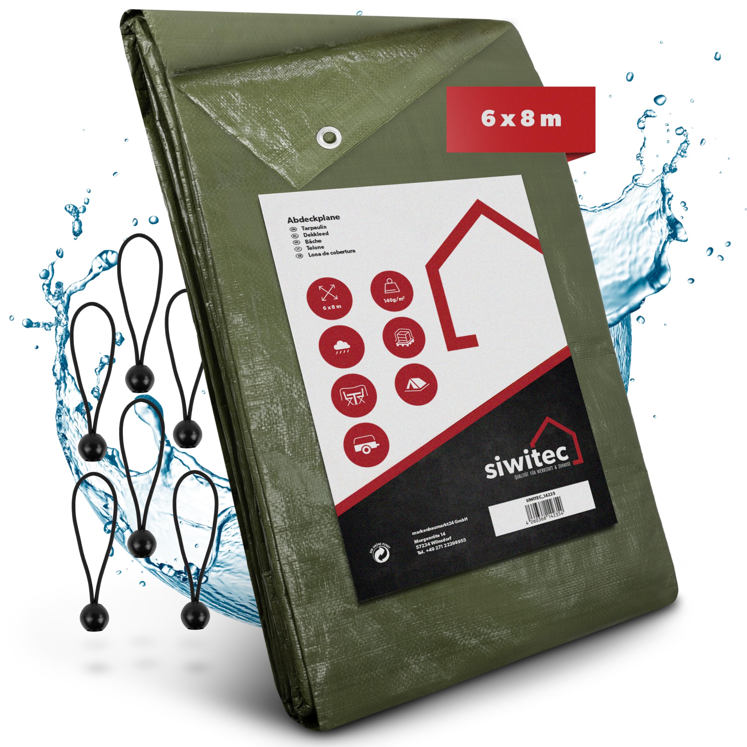 Lona impermeable 6x8m siwitec de 140g/m² con ojales y 6 tensores para madera