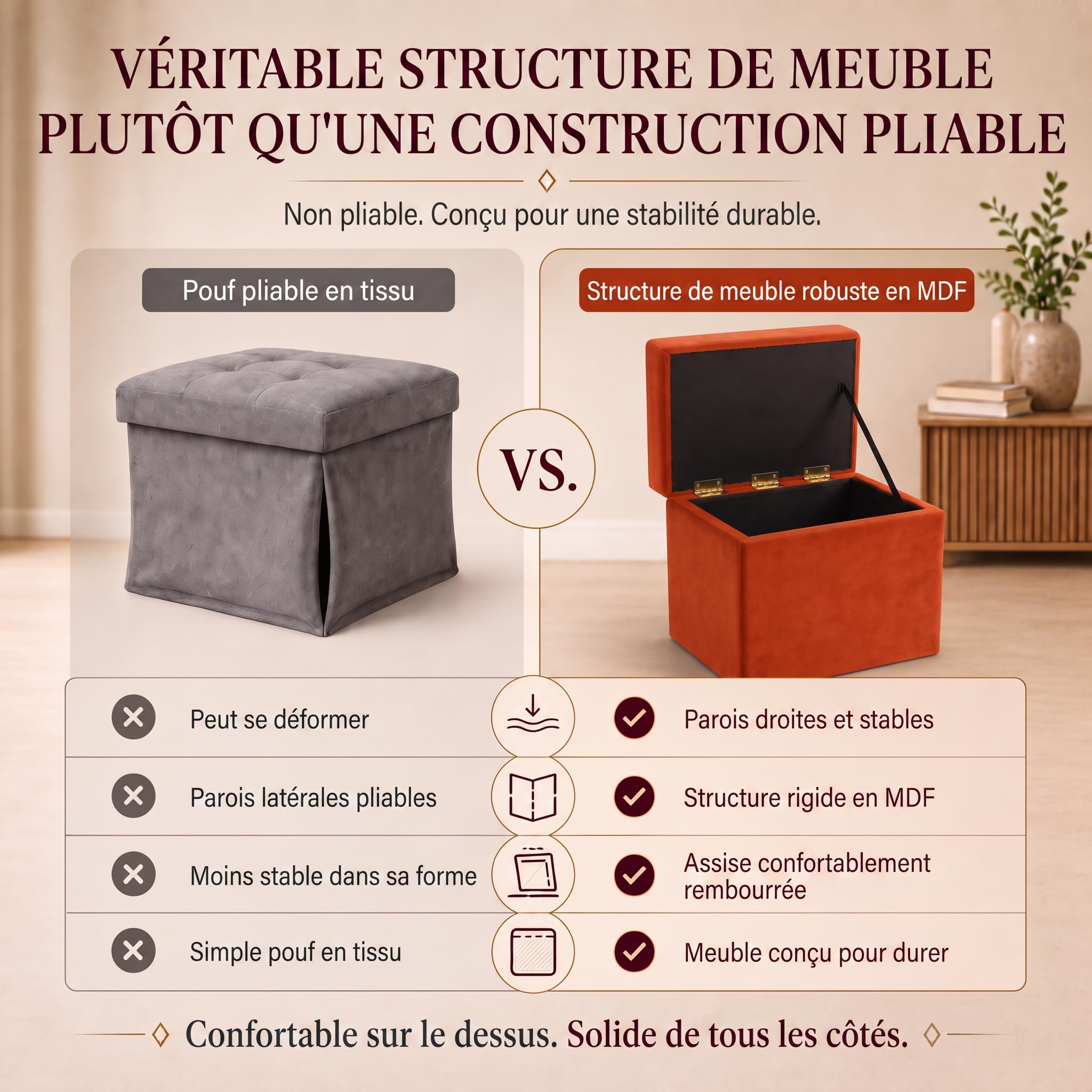 VELORA H&L Pouf Coffre 45 x 45 cm Orange – Pouf de Rangement en Velours, Assise Rembourrée, Structure Solide, Charge jusqu'à 150 kg, pour Salon Chambre et Entrée
