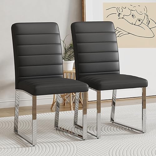 Miniatura 24 de Juego de 4 sillas de comedor modernas, sillas de cocina de piel sintética gris, sillas de comedor tapizadas sin brazos con patas mentales plateadas,