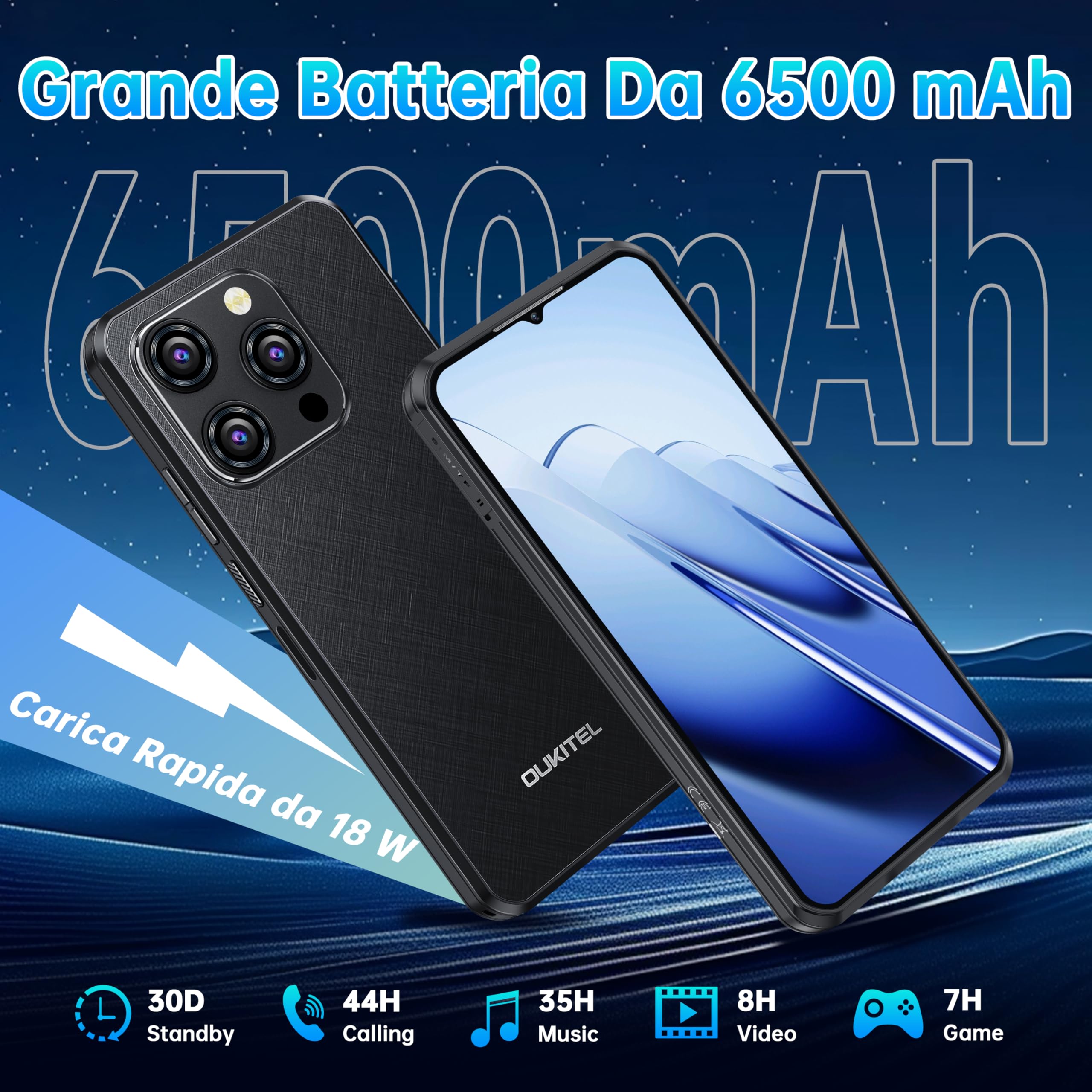 OUKITEL WP52 5G Rugged Smartphone 2024-16 GB + 256 GB Android 14 Telefono Indistruttibile 6.58" FHD+ MTK 6100+ Telefono Rugged Impermeabile 6500mAh/18W - 48MP+8MP Dual SIM/IP68/NFC/OTG/GPS Nero