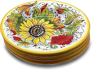 Italian Ceramic dinnerware set - Hand Painted kitchen Pasta Bowls sets for 4 - Made in ITALY Tuscany - Italian Pottery dinner plates - Home Decor Sunflower Poppies Ceramics dishes set - Service For 4