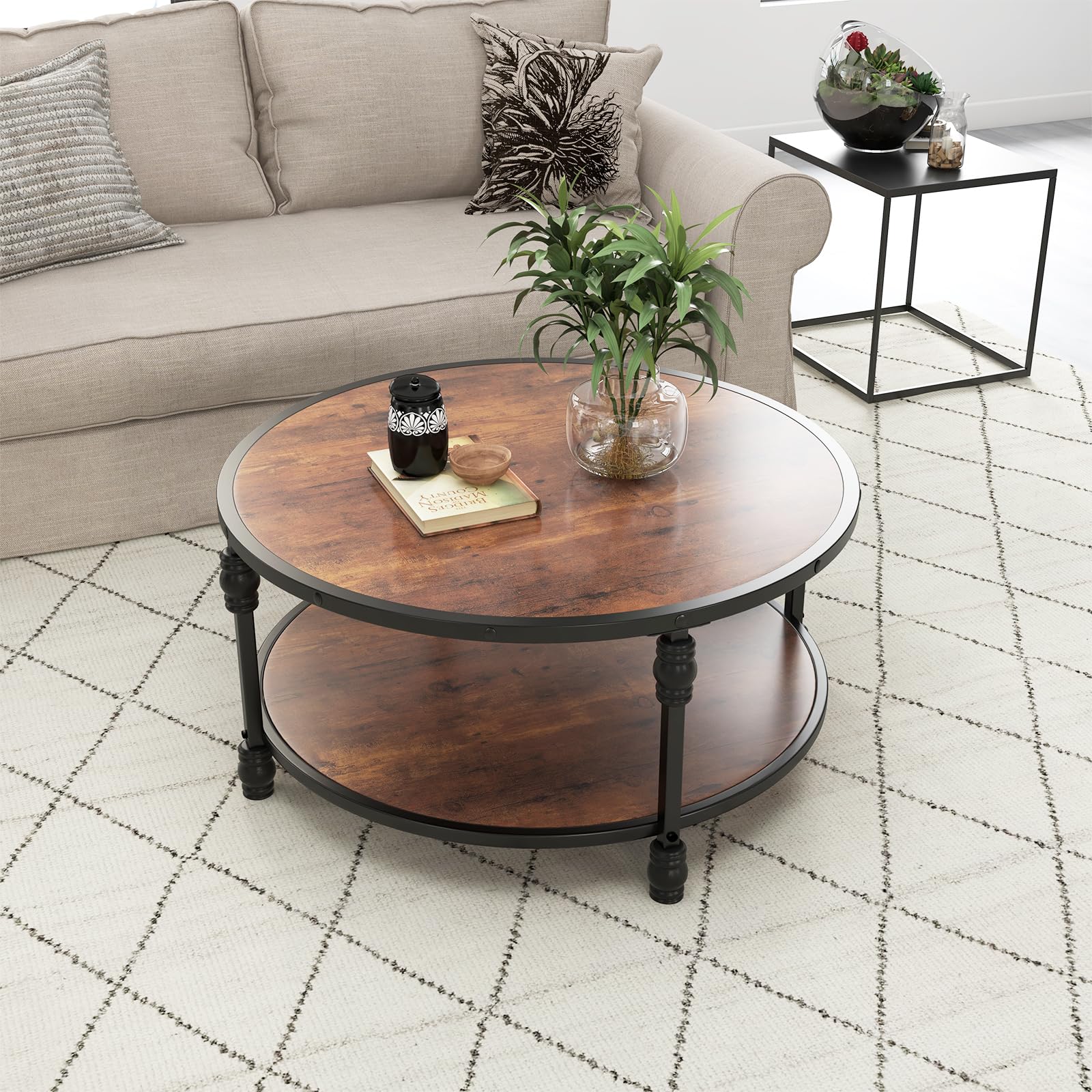 GarveeTech Table Basse Ronde 2 Niveaux en Bois avec Étagère - Cadre Métallique Colonne Romaine - Facile à Monter - 30,5 Pouces Marron Vintage