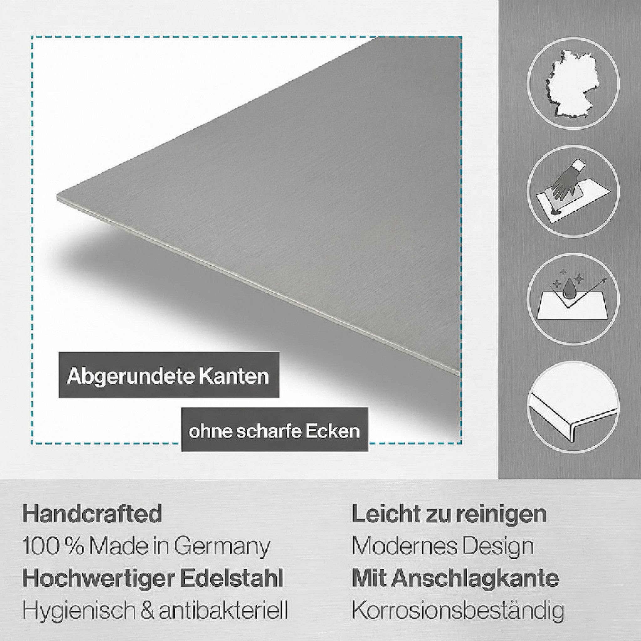 Arbeitsplatte Knetbrett Edelstahl [90x50 cm] - Für Kneten, Schneiden & Backen - Küchenplatte mit Anschlagkante - Auch als Nudelbrett, Backbrett, Teigbrett - Schneidebrett Platte Küche