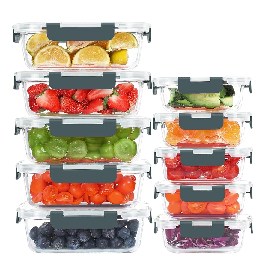 10 Pack Glass Food Storage Containers, Meal Prep Containers with Lids, Airtight Glass Lunch Boxes, Freezer, Oven, and Microwave Safe