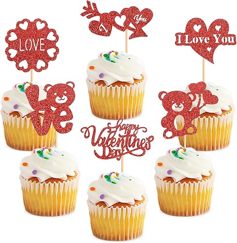 Miniatura 2 de Keaziu XOXO - Paquete de 24 adornos para cupcakes para el día de San Valentín beso me amo ti púas de magdalenas rojas corazón de auto regalo para