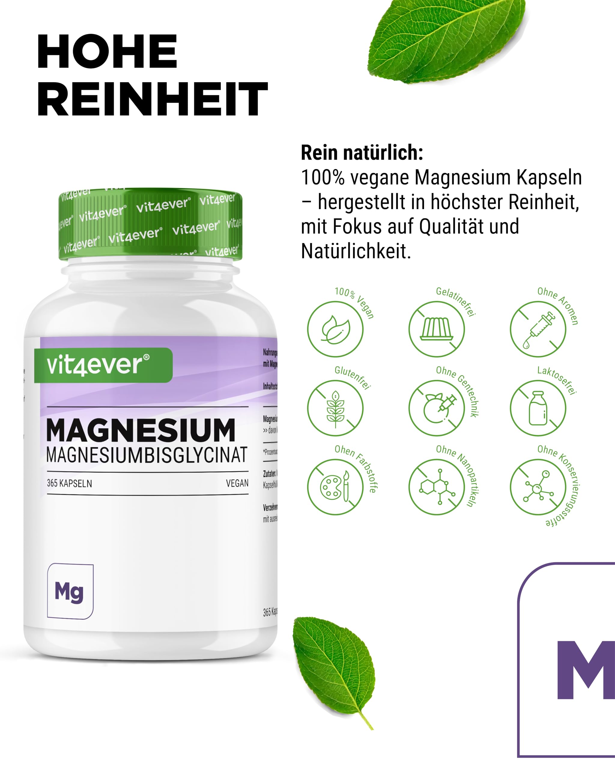 vit4ever Magnesiumbisglycinat - 365 Kapseln - 300 mg elementares Magnesium pro Tagesdosis - Premium: Chelatiertes Magnesium - Laborgeprüft, vegan, hochdosiert | 300 mg elementares Magnesium pro Tagesdosis, Premium chelatiertes Magnesium, vegan