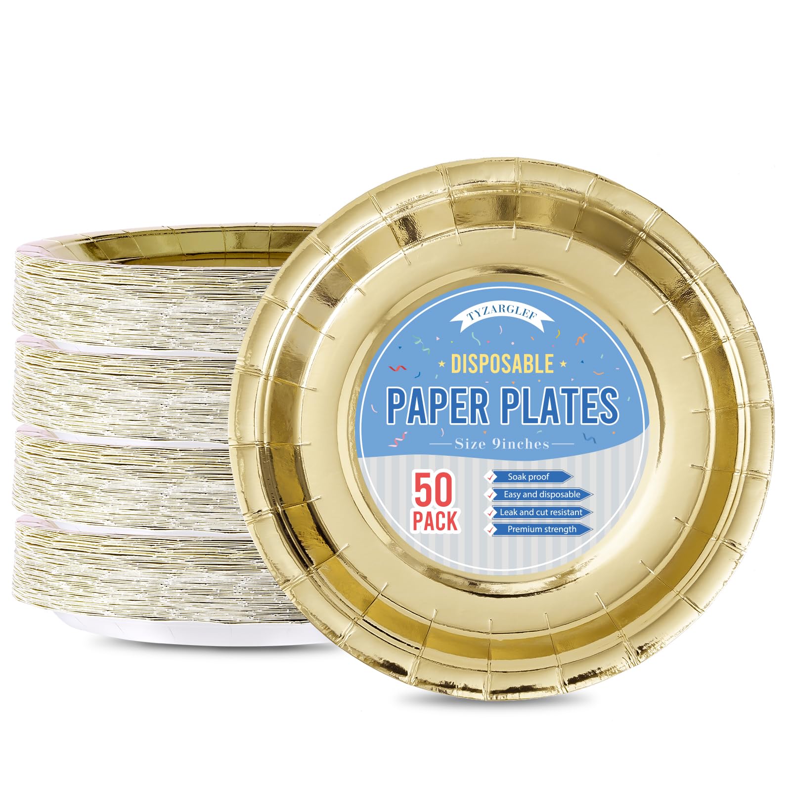 Tyzarglef Disposable Paper Plates Gold, 50 Count 9” Dinner Plates Bulk for Party Supplies, Colored and Sturdy Party Plates for Birthday, Wedding, Baby
