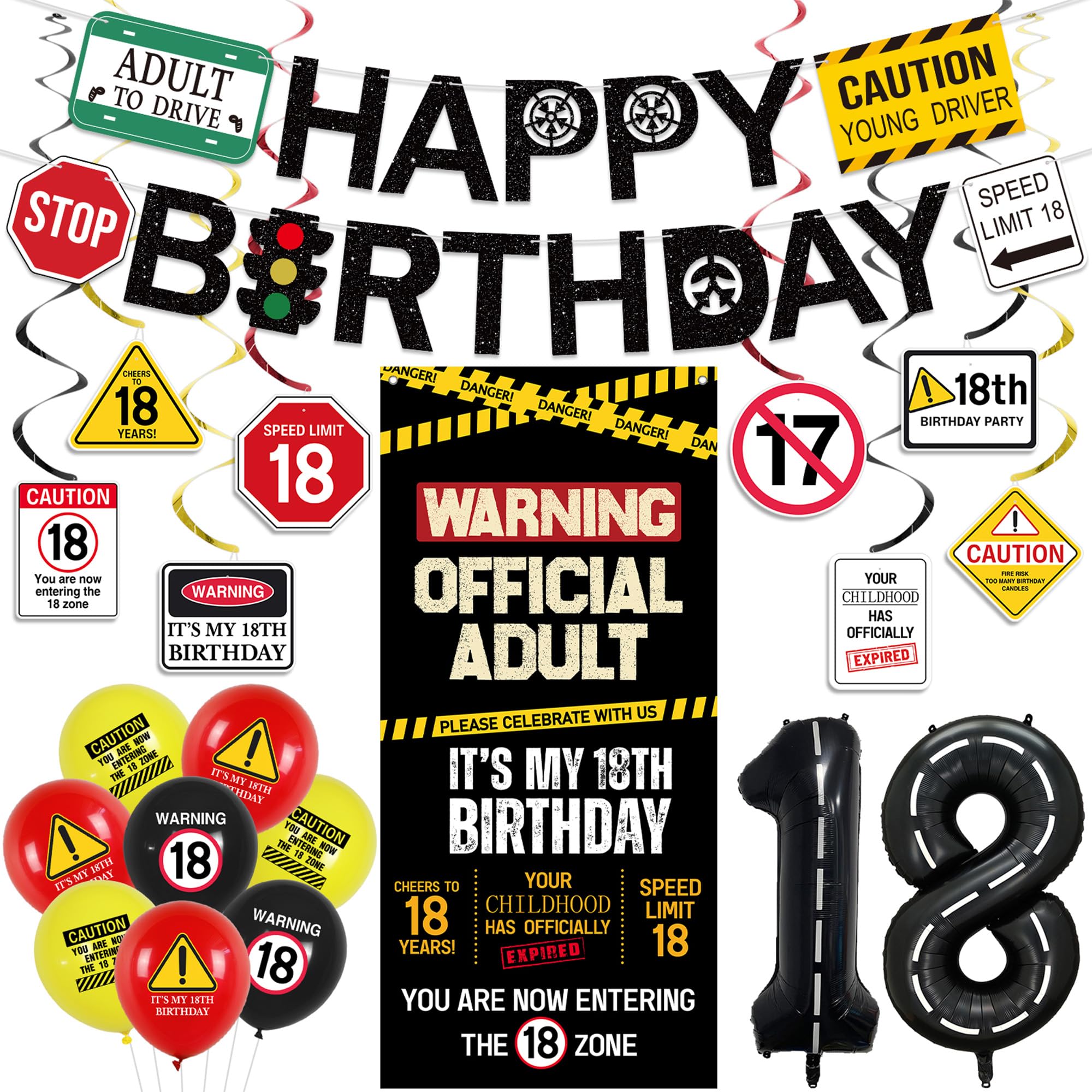 Roetyce Black 18th Birthday Decorations for Boys Girls Caution Theme