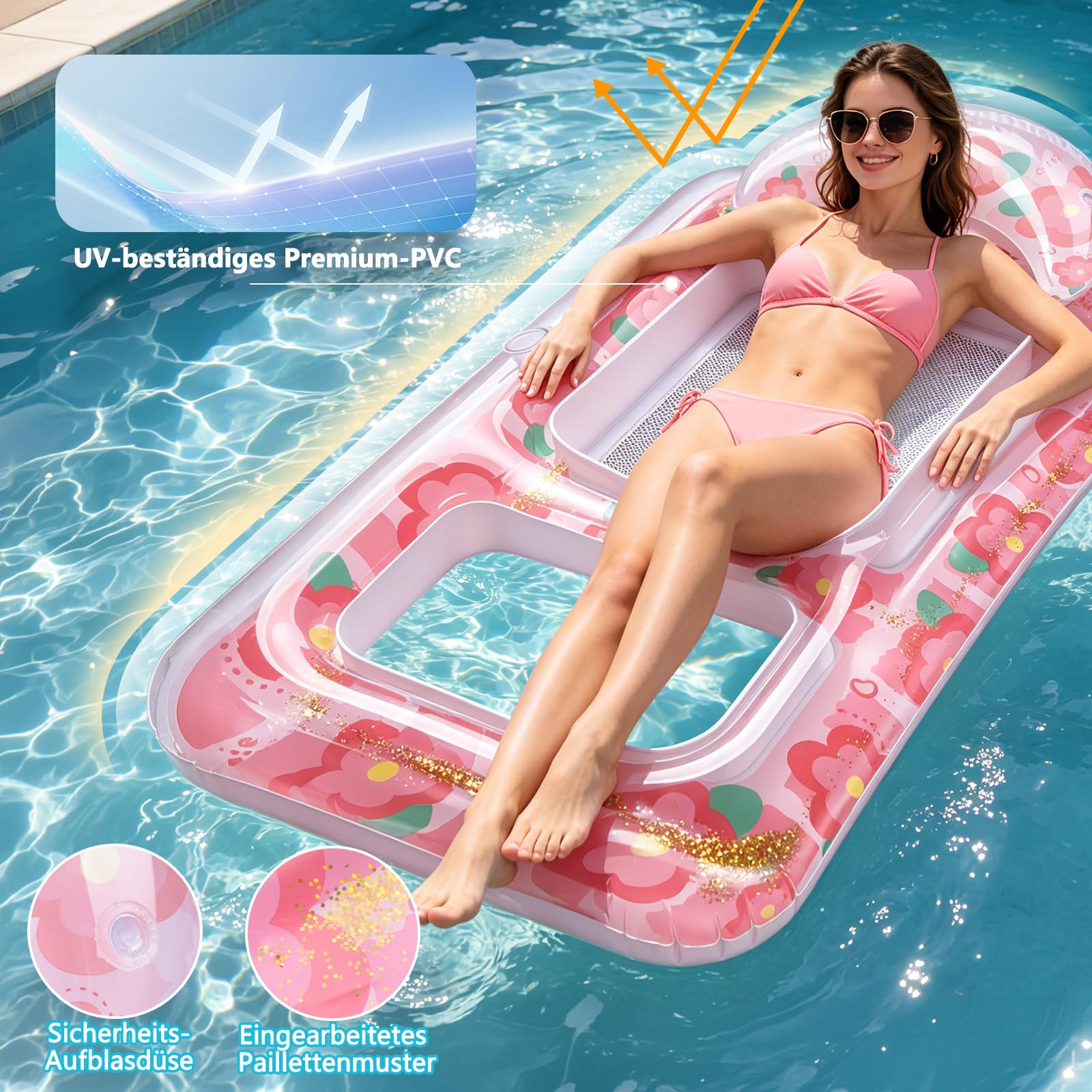 Aufblasbare Sonnenliege für Erwachsene - Luftmatratze Tanning Pool mit Kopfkissen Getränkehaltern, Floating Liegestuhl Matratze für Entspannung und Sonnenbaden