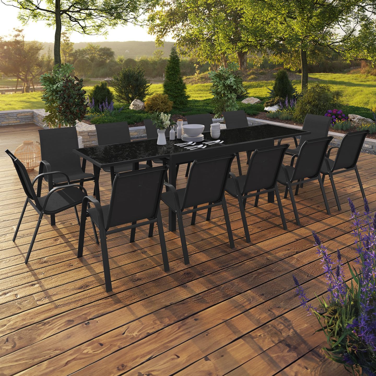 IDMarket - Salon de Jardin Madrid Table Extensible 135-270 CM et 12 chaises empilables Noir