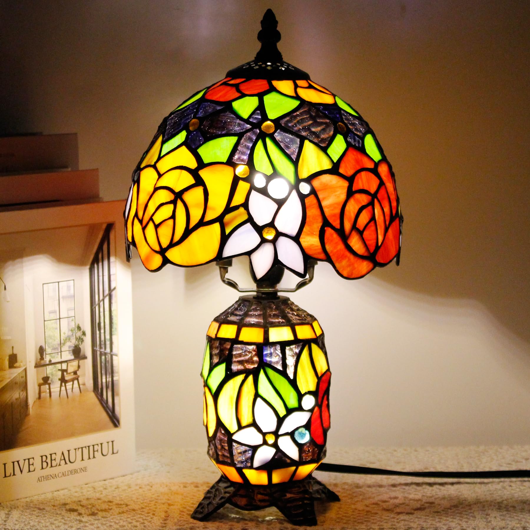 TCODTPOL Small Tiffany Stained Glass Table Lamp 8X14 Inches(Red Yellow)