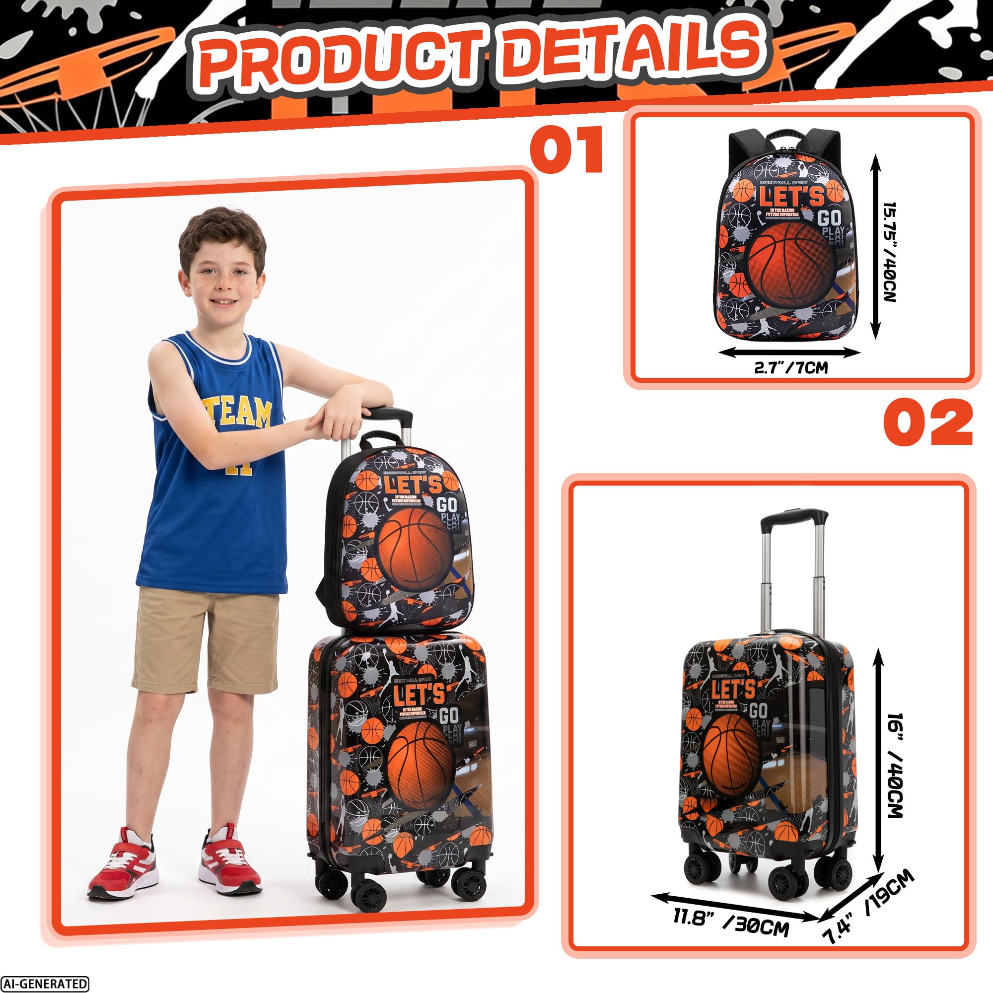 HTgroce Valigie per Bambini Basket– Trolley Bambini Rigido con 4 Ruote Girevoli 360° – Include Zainetto – Ragazzo Bagaglio a Mano per Viaggi e Aereo
