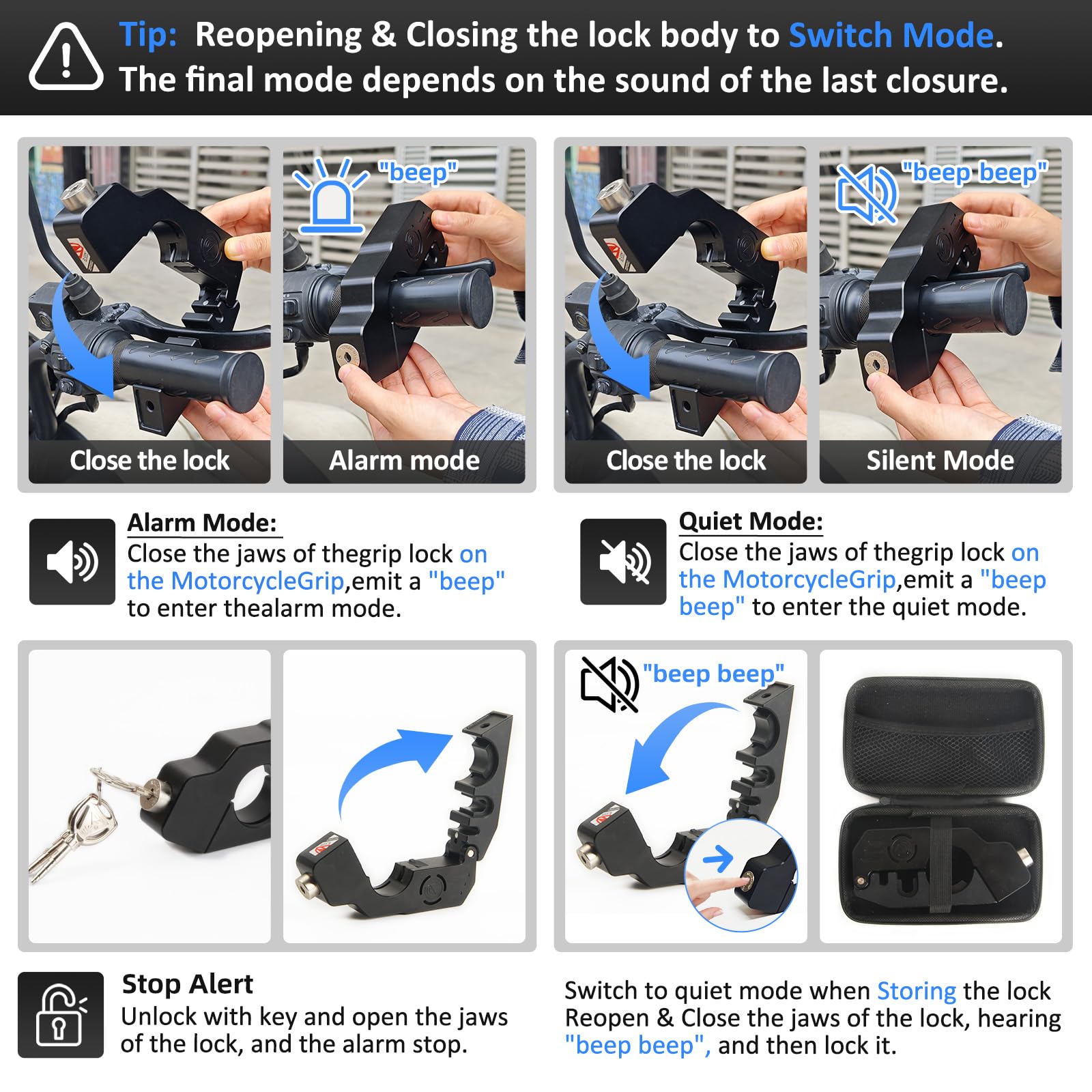 Heavy Duty moto Grips Lock con allarme 130db – antifurto antifurto acceleratore per scooter, ciclomotore, ebike, Dirt Bike – nero