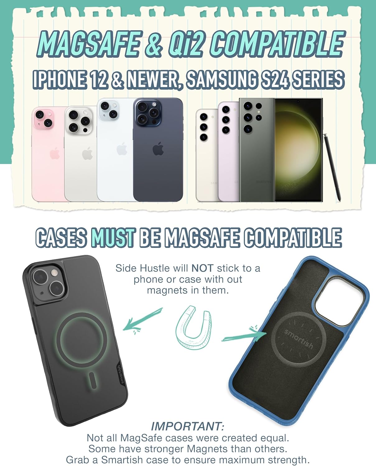 Smartish Side Hustle MagSafe Wallet + MagSafe Mountaineer Wall Mount Bundle - Vegan Leather Slim Detachable Magnetic Card Holder for iPhone 15/14/13/12 with Magnetic Wall Mount