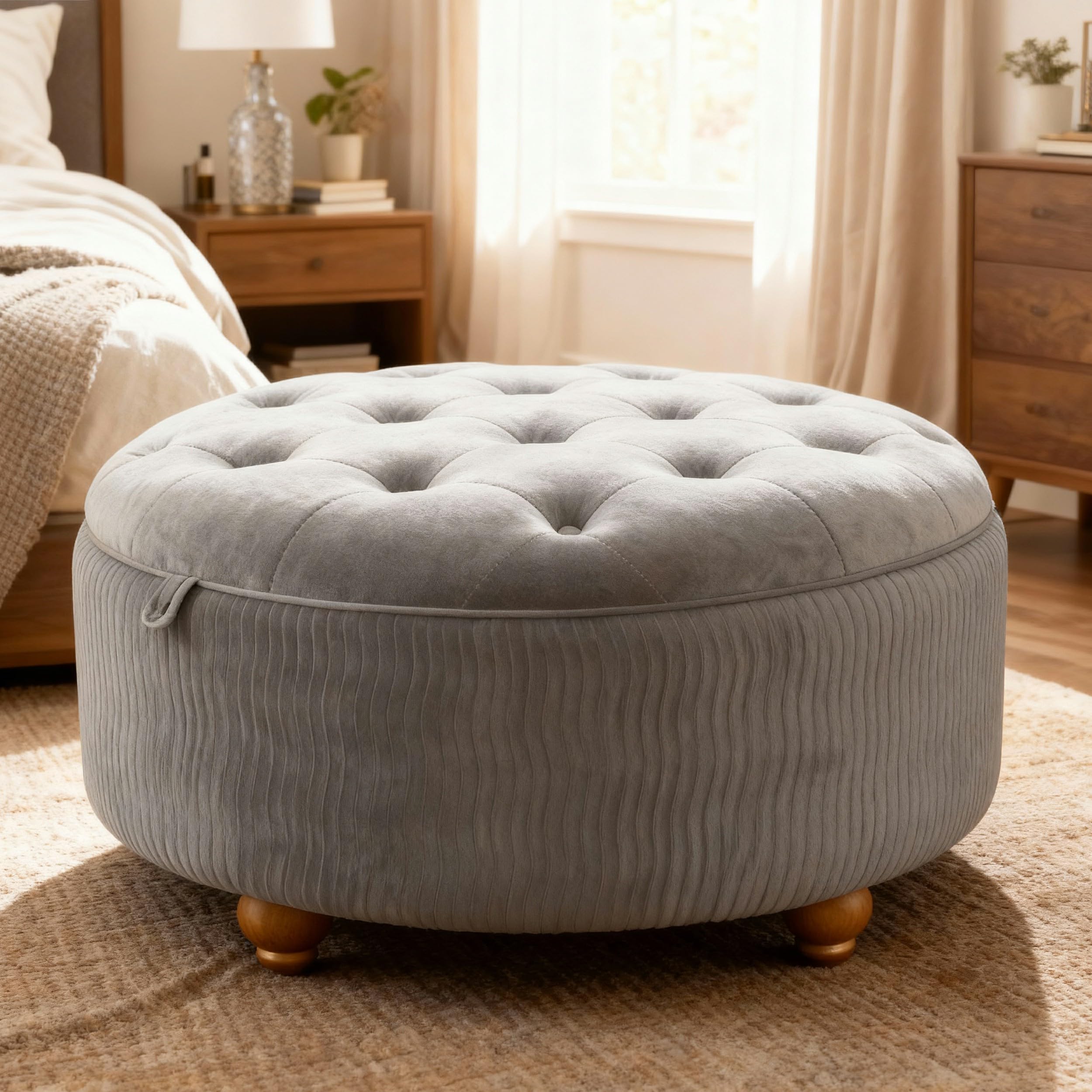 Velvet Round Ottoman with Storage,Modern Ottomans Coffee Table with Solid Wood Lid Living Room Ottoman with Tray Bedroom Large Foot Stool 30-inch (Gray), Similar*