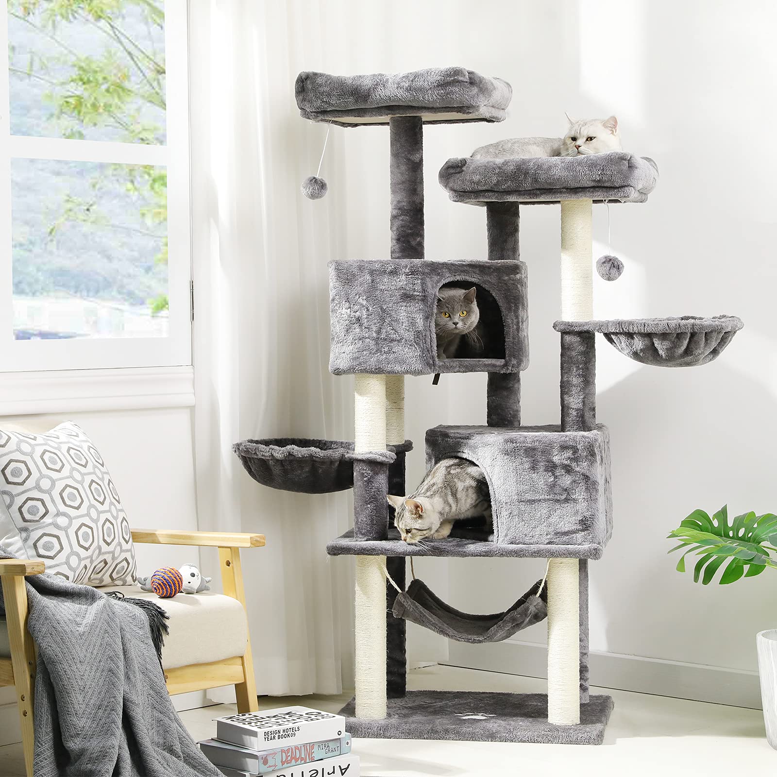 MSmask Grande albero tiragraffi per gatti, robusto, con grande grotta e pali in sisal naturale