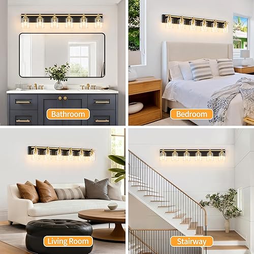 Miniatura 54 de 3 lámparas modernas de baño sobre el espejo, luces de tocador de oro negro para apliques de pared de baño con pantallas de vidrio blanco lechoso
