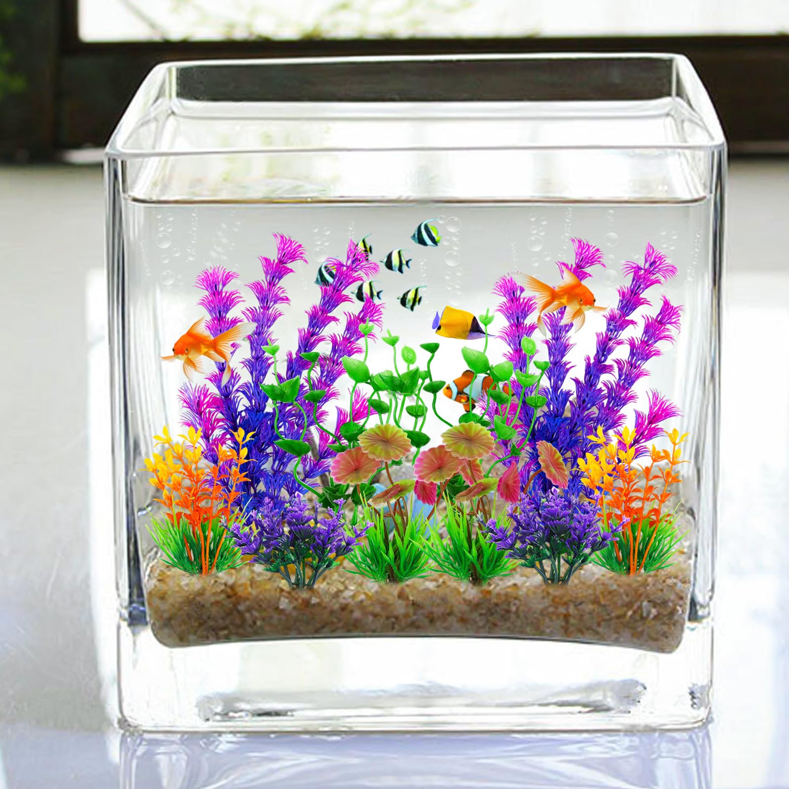 QUOZUO Aquarium-Dekorationen, 10 Stück bunte Aquariumpflanzen aus Kunststoff, Aquarium-Zubehör, Mini-Aquarium-Pflanzen, Aquarium-Dekoration