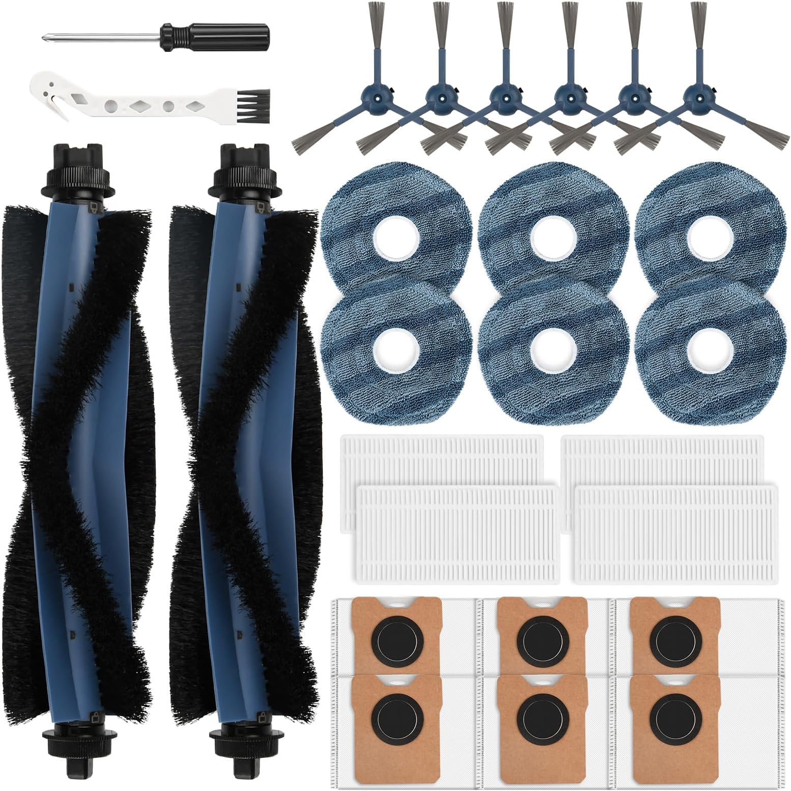 26 Pack Replacement Accessories Compatible with eufy Vacuum Omni C20, 2 Mainbrush 4 Filter 6 Dust Bags 6 Mop Pads 6 Sidebrush 1 Cleaning Brush 1 Screwdriver