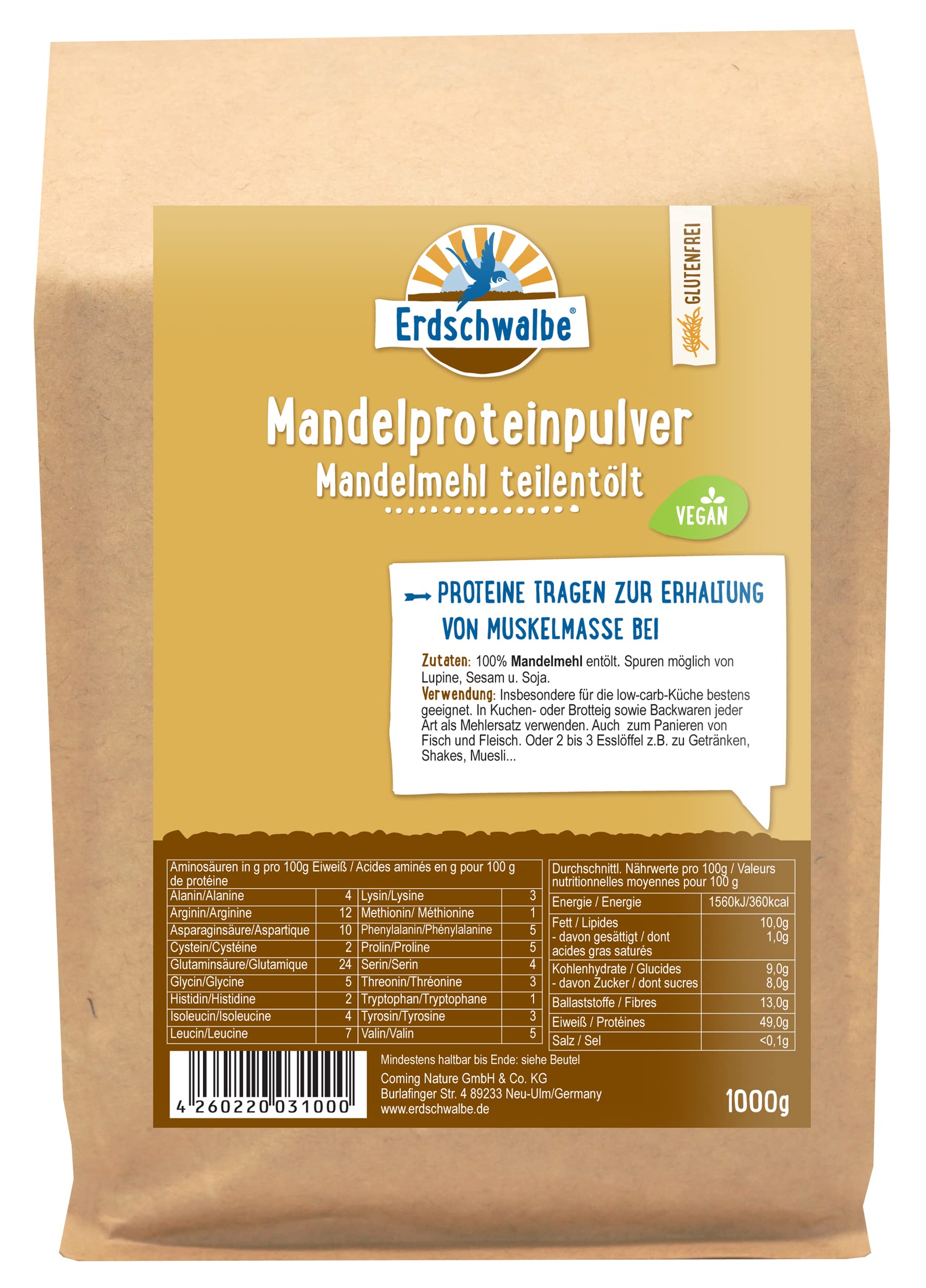 Erdschwalbe Mandelprotein - Mandelmehl teilentölt - 49% Proteingehalt - Veganes Eiweißpulver - 1 Kg