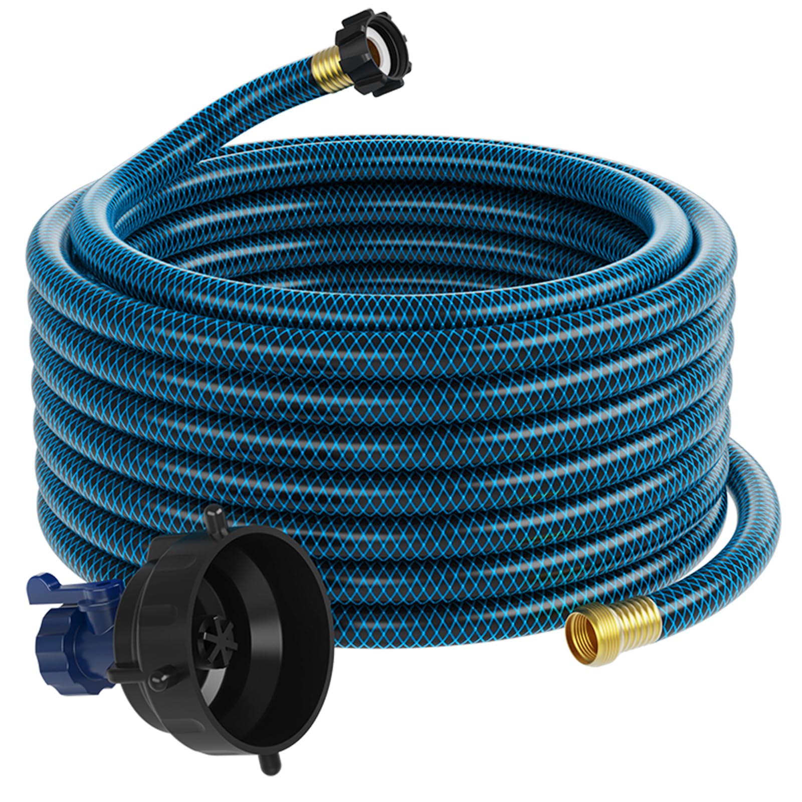 RV Sewer Hose Kit 20FT with Rotating Fittings Clear Elbow 4-in-1 Adapter Blue