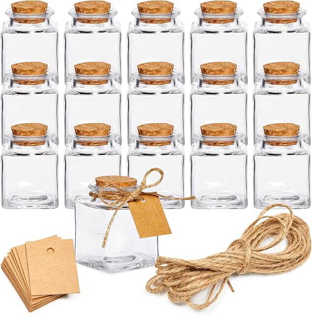 Set of 15 Mini Square Glass Favor Jar with Cork Stopper 1.7oz