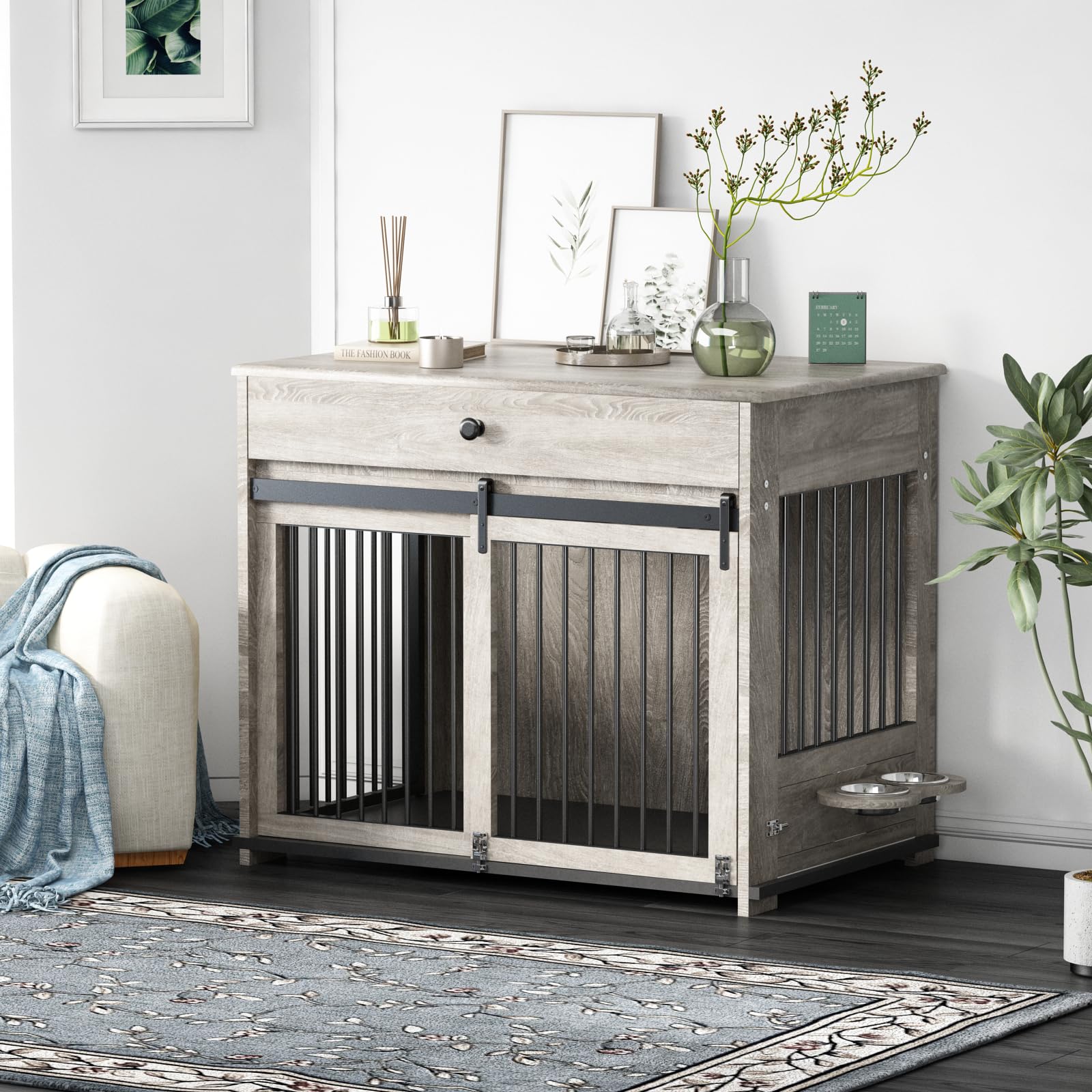 DAWNYIELD Jaula para Perro Grande, Mueble Estilo Perrera con Puertas Corredizas, Perrera Interior de Madera con Cajón, Casa para Perro con Cerradura y Bol Giratorio 360° Gris