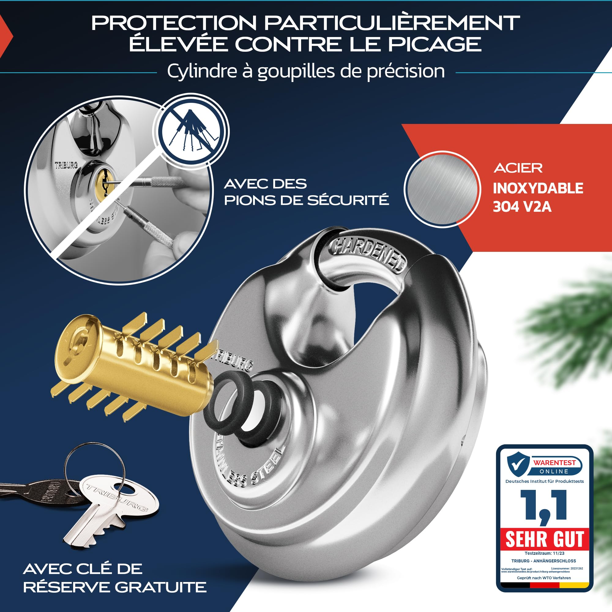 TRIBURG Antivol de remorque avec Serrure Ronde + Capuchon de Protection AHK Gratuit – Sécurité Robuste pour remorque attelée et découpée – Serrure de Timon [galvanisé, revêtu par pulvérisation]