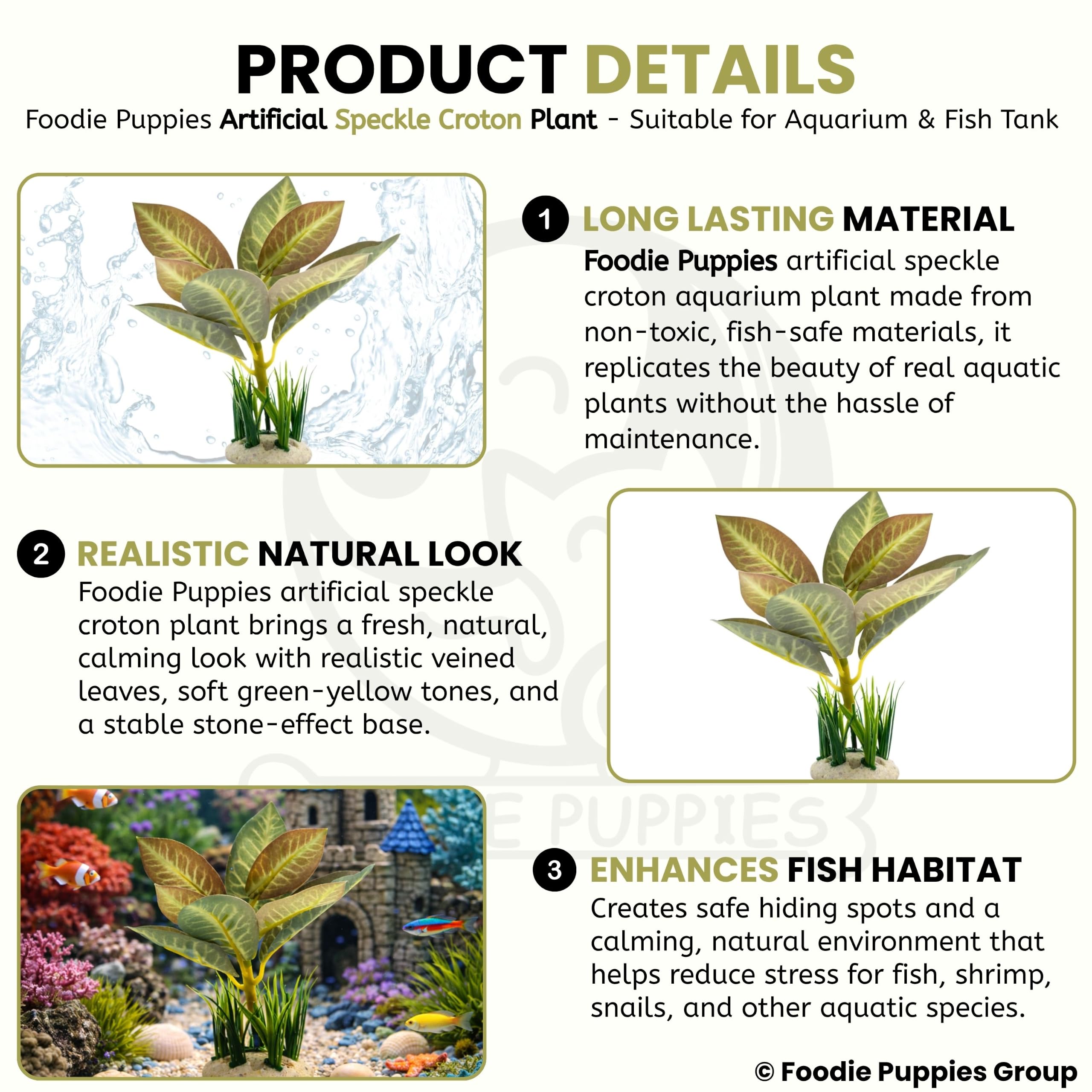 Foodie Puppies Aquarium Plastic Plant with Resin Base Decor - (Speckle Croton Plant, 5 x 4 x 17 cm) for Fish Tank Ornament, Freshwater & Saltwater Natural Looking Artificial Decor 1